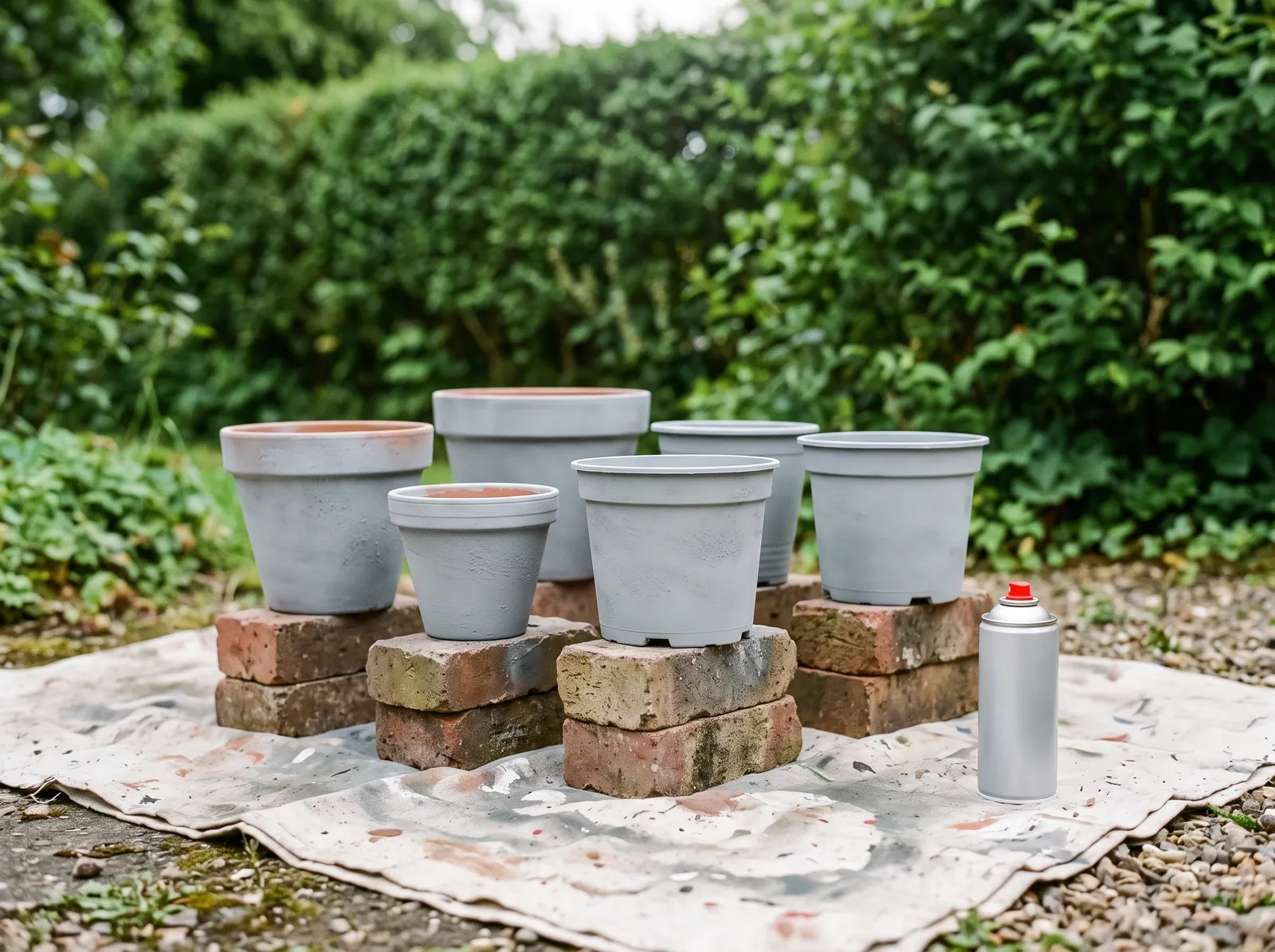 Garden pots coated in grey primer, raised on bricks over a drop cloth outdoors