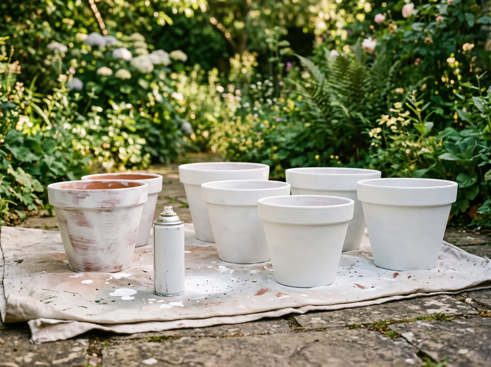 Garden pots with a fresh soft white spray coat drying on a drop cloth