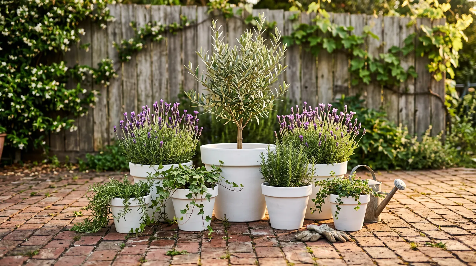 Finished matte white painted planters on a brick patio, planted with lavender and olive
