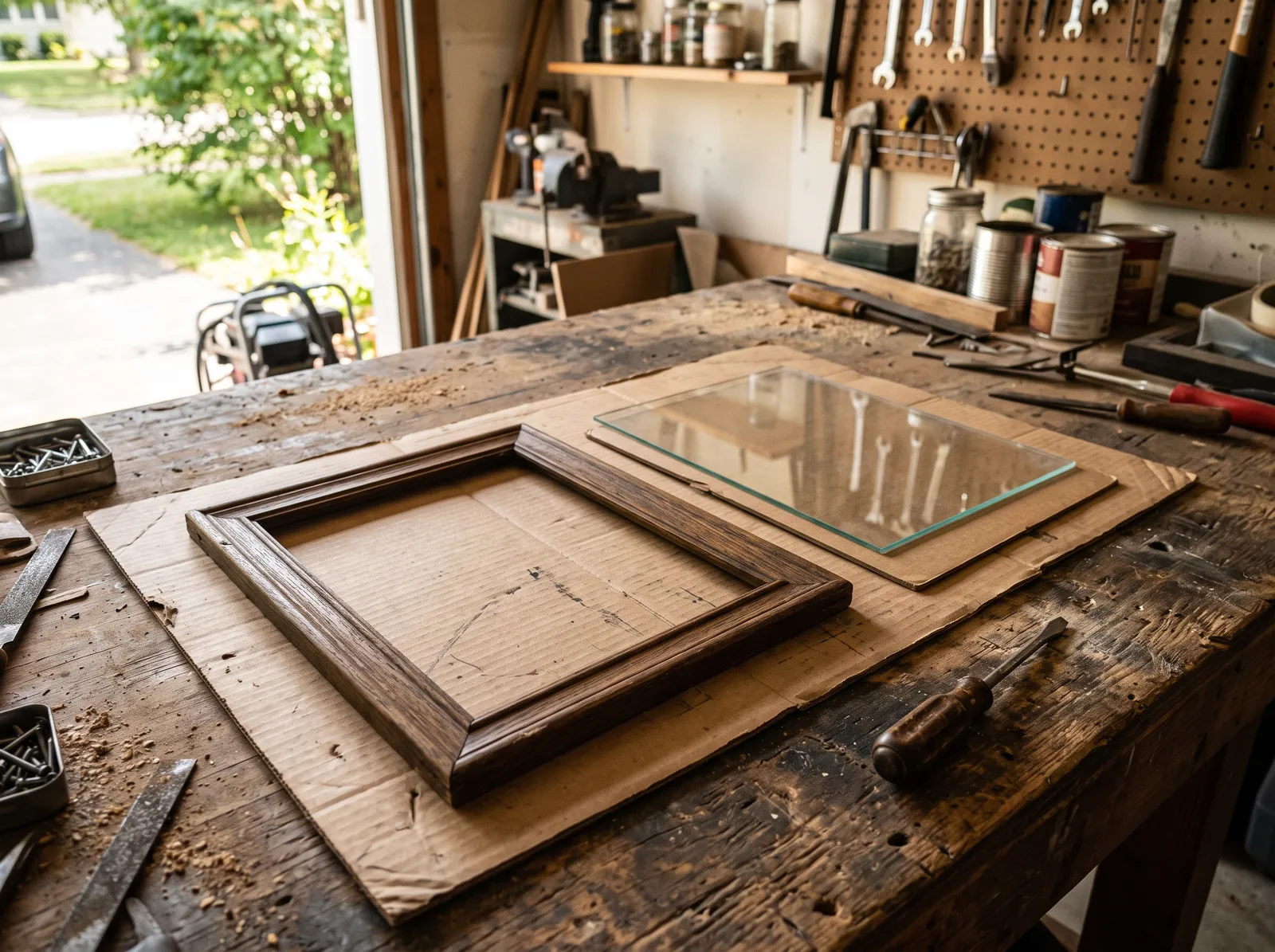 Disassembled wooden picture frame with glass and backing stacked beside it on a workbench