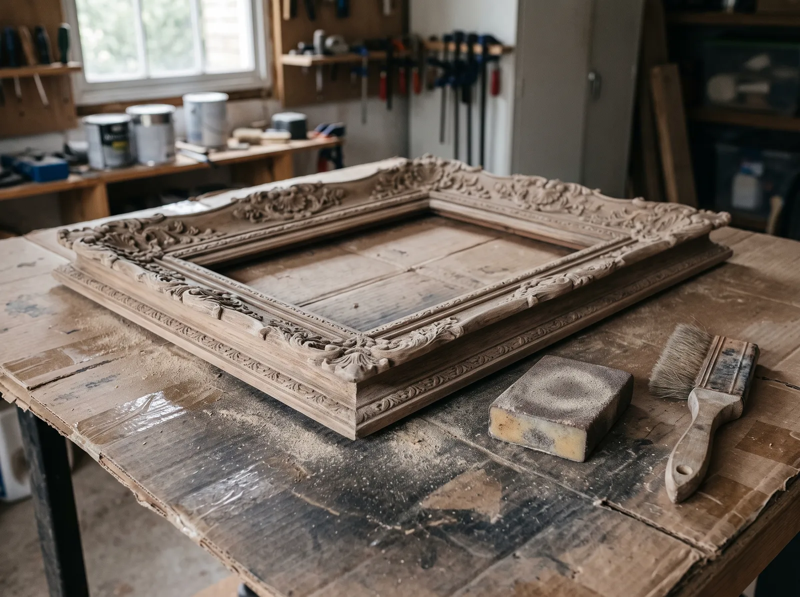 Ornate wooden frame scuffed dull, sanding sponge and detail brush beside it