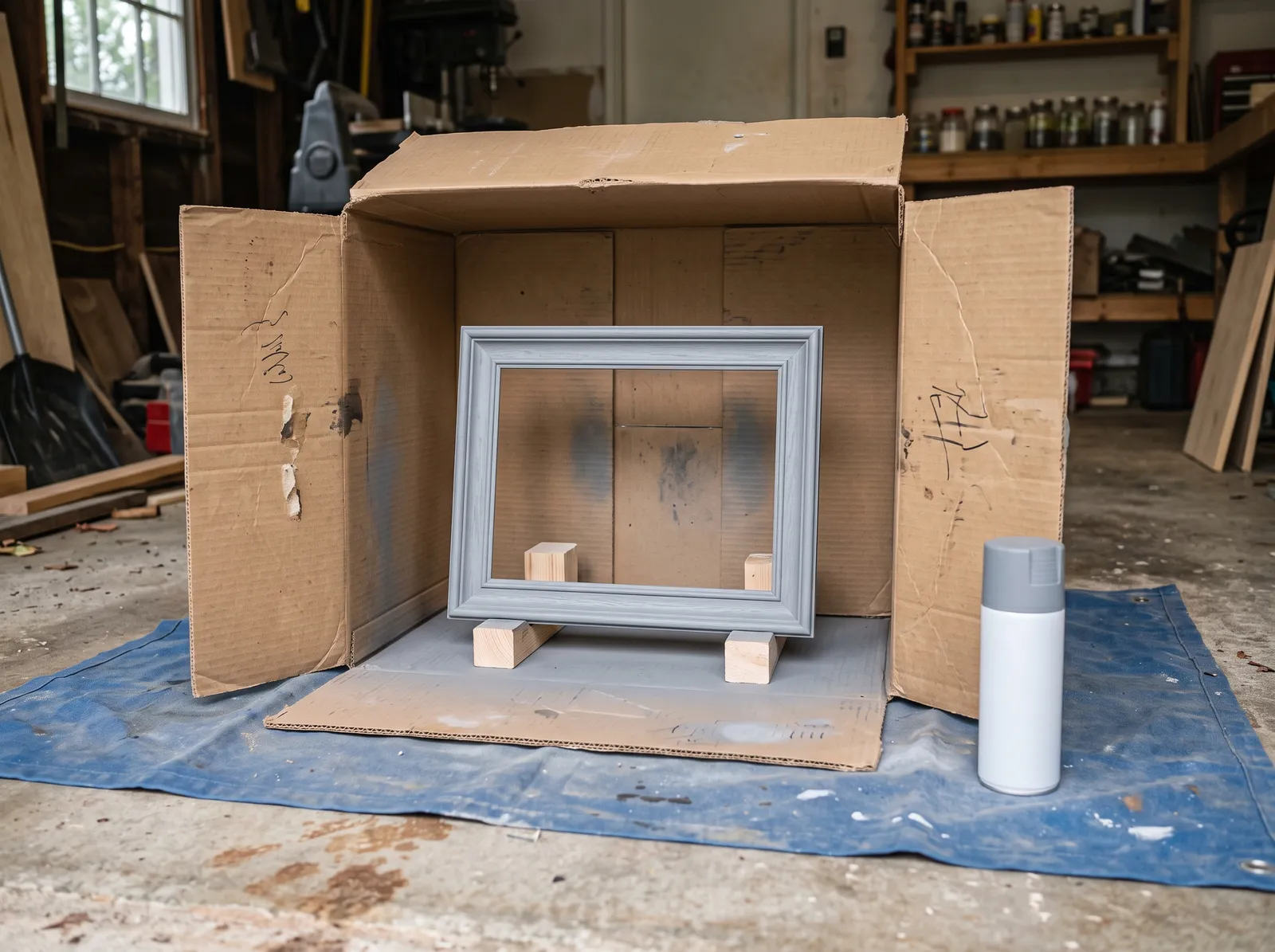 Picture frame in grey primer, raised on blocks inside a cardboard spray shelter