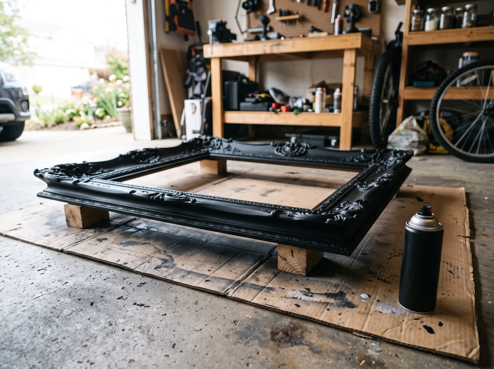 Ornate frame with a fresh matte black coat, carved detail still sharp
