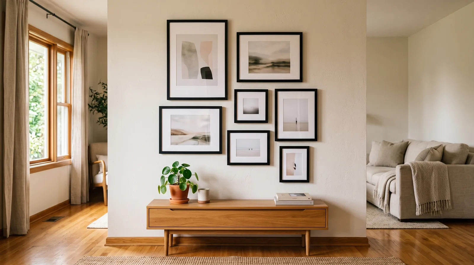 Gallery wall of matching matte black picture frames above a wooden console