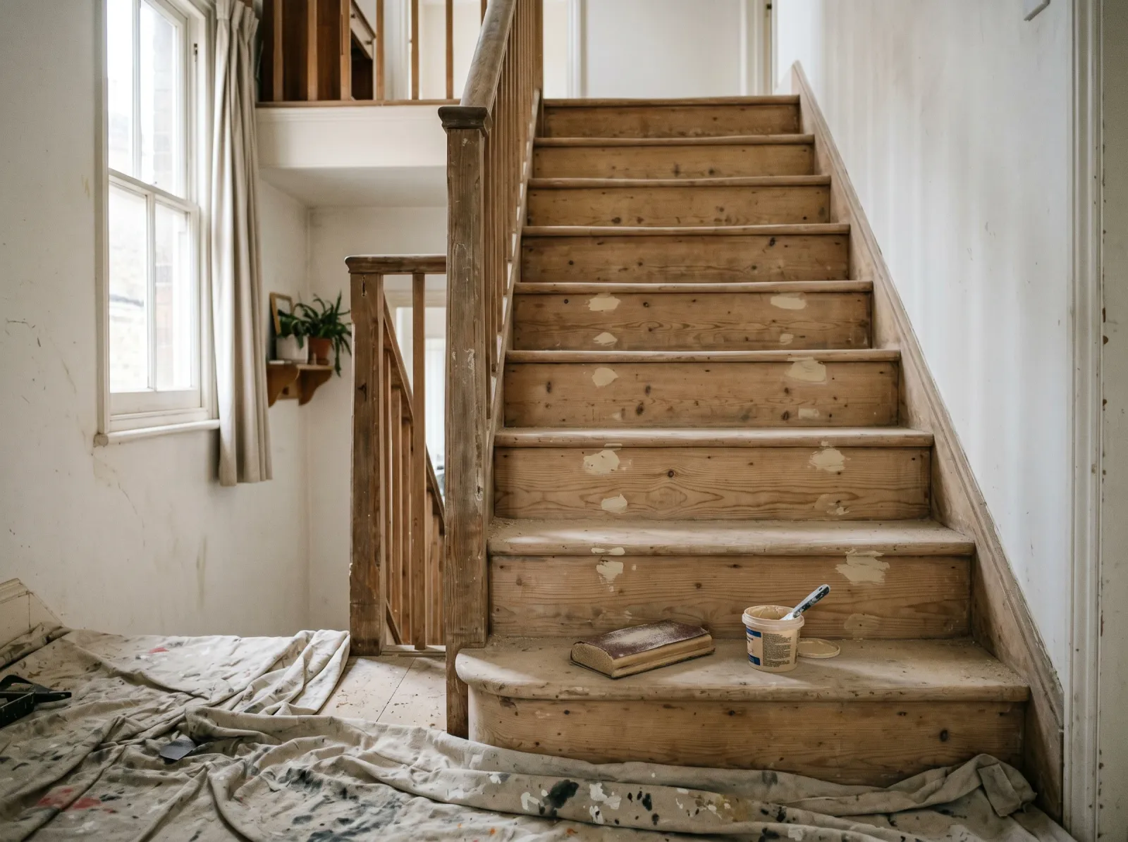 Bare wood staircase sanded dull with filler patches on the tread nosings