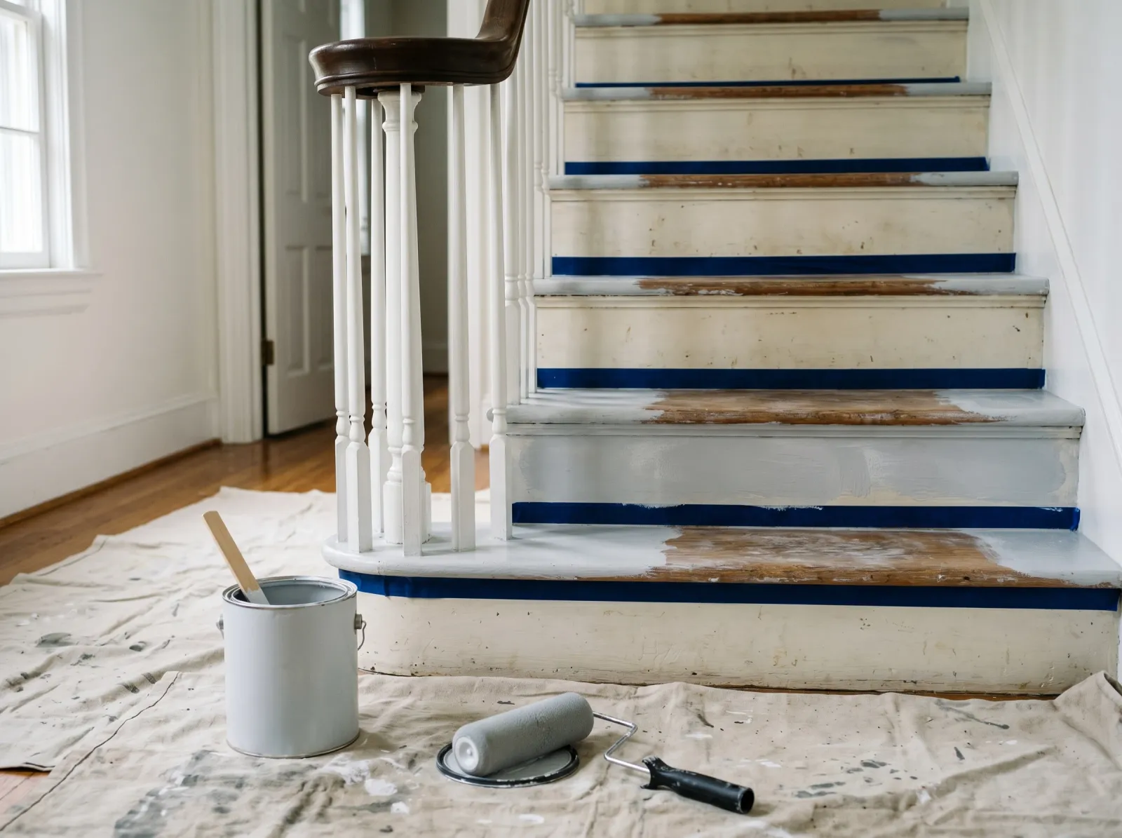 Staircase treads coated in grey primer with painter's tape on the riser edges