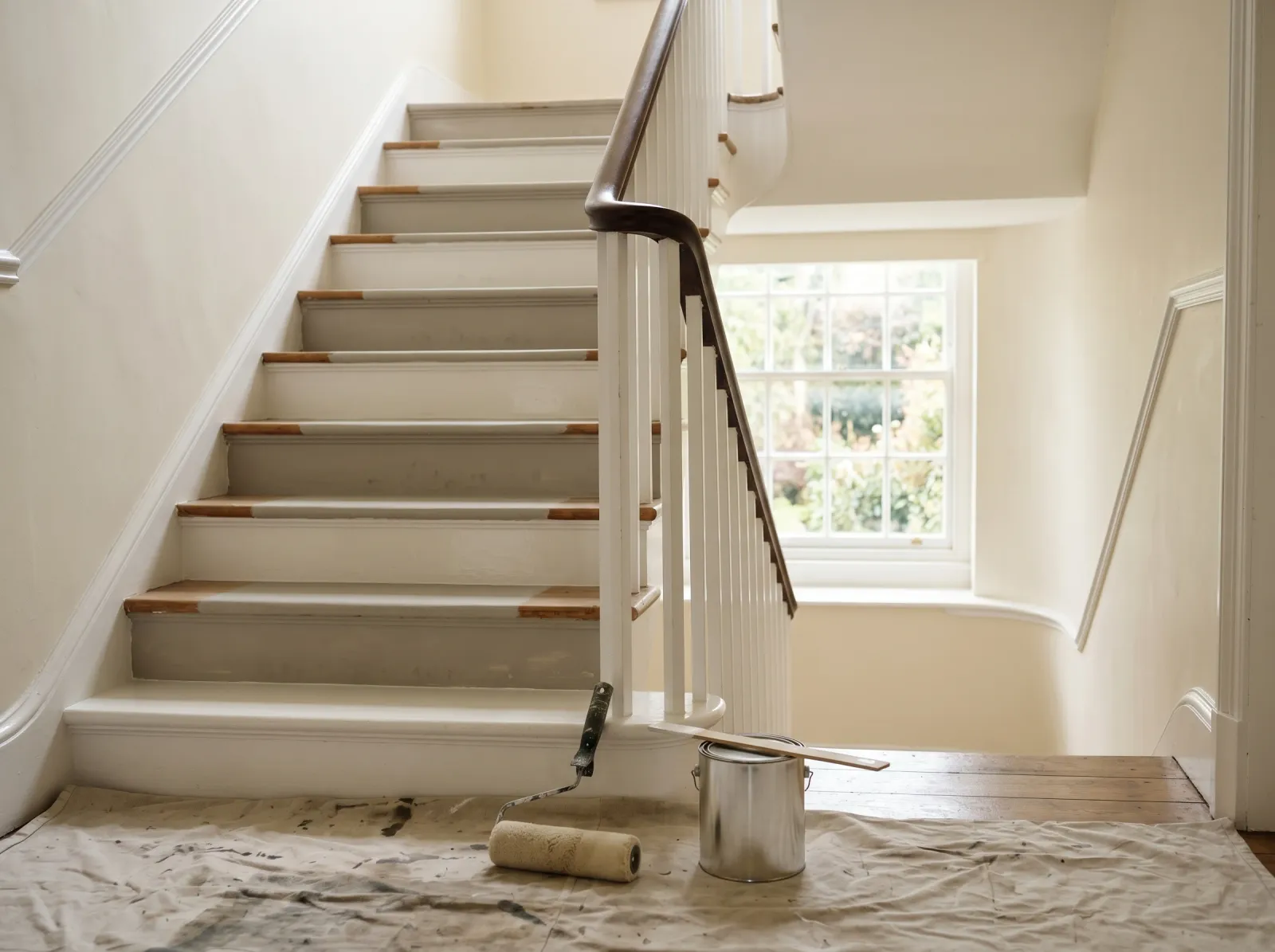 Staircase with white risers and alternating painted treads, skipped steps still in primer
