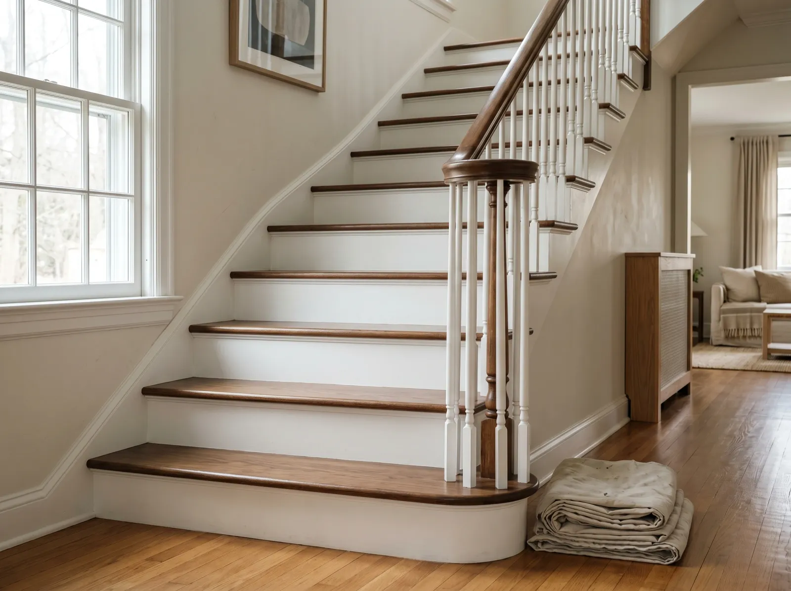 Freshly painted staircase with finished treads and risers curing in daylight