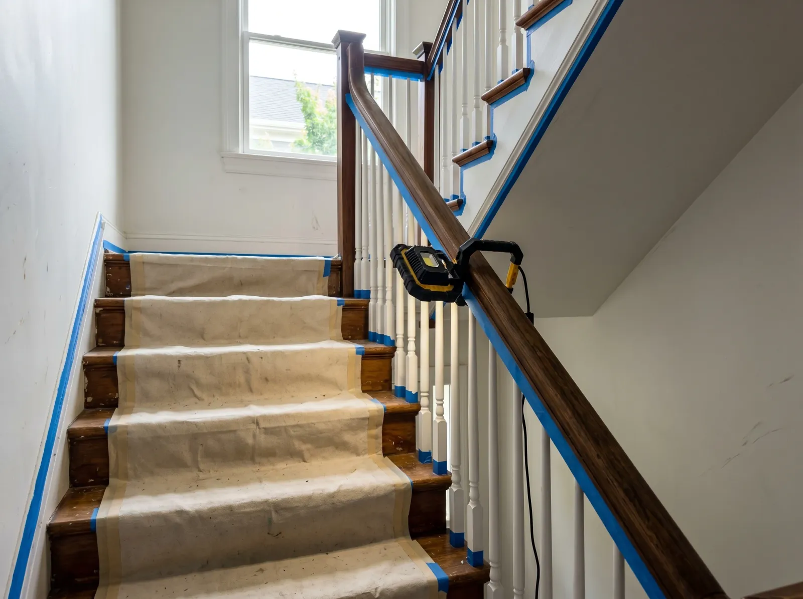 Staircase with treads wrapped in canvas and tape along the handrail