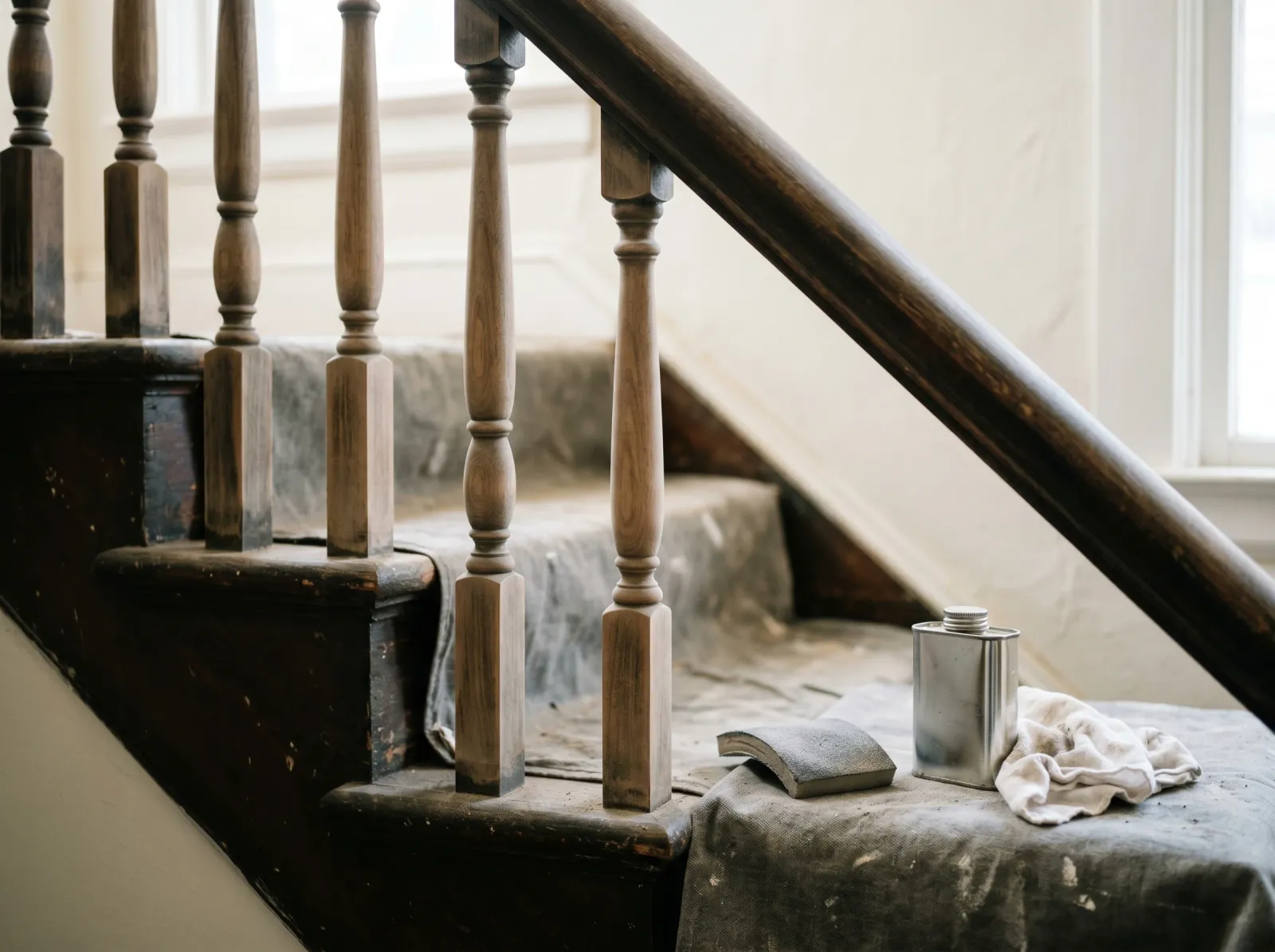 Balusters scuff-sanded to a dull surface with a sanding sponge nearby