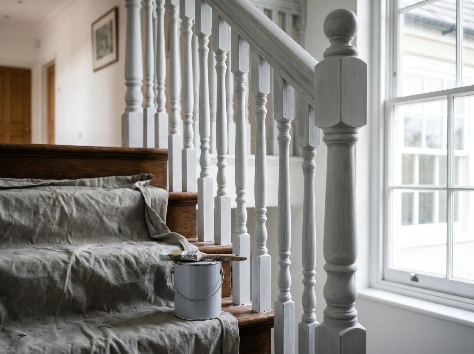 Staircase balusters coated in white bonding primer