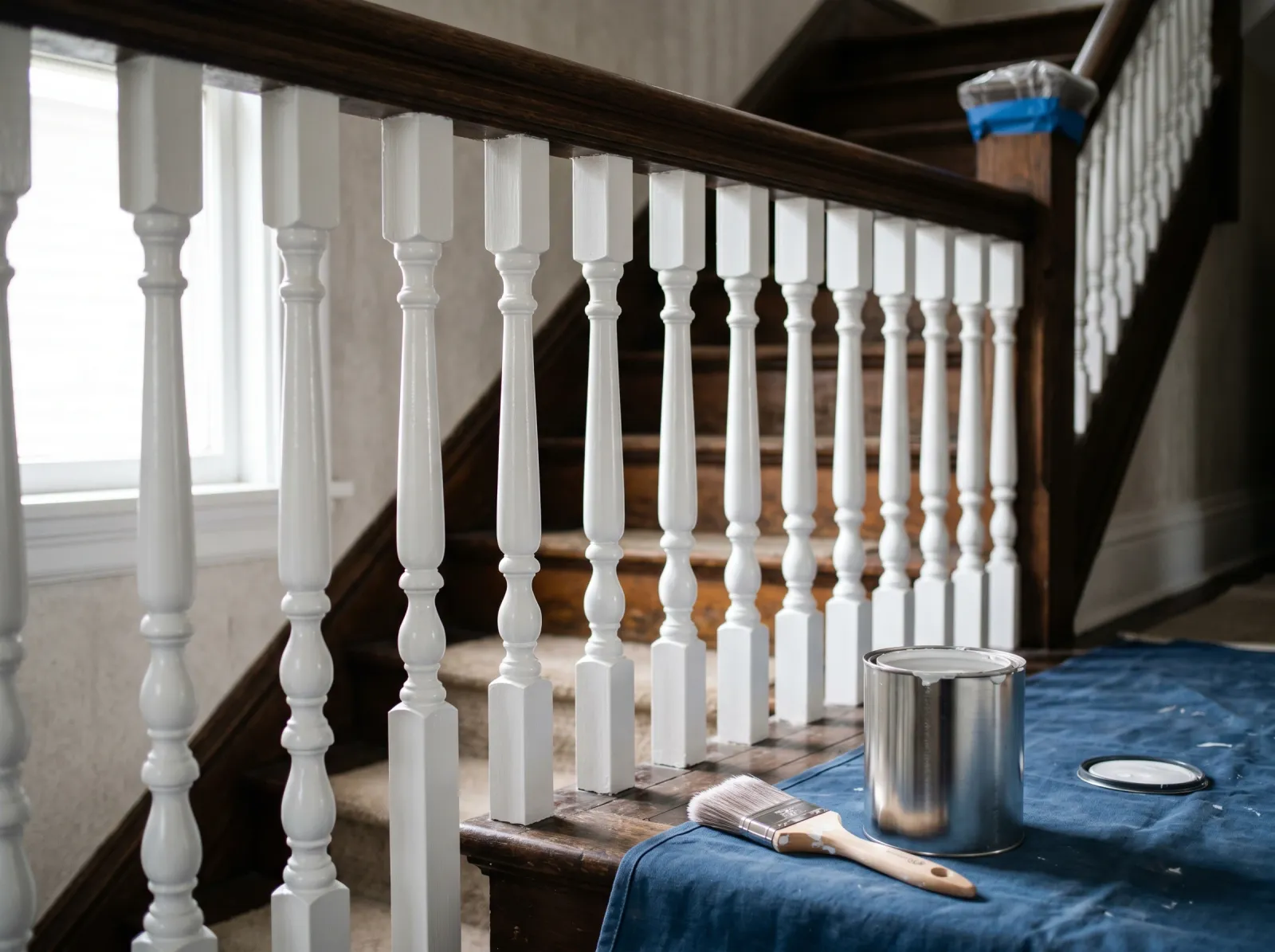 Balusters with a first coat of white enamel under a stained handrail