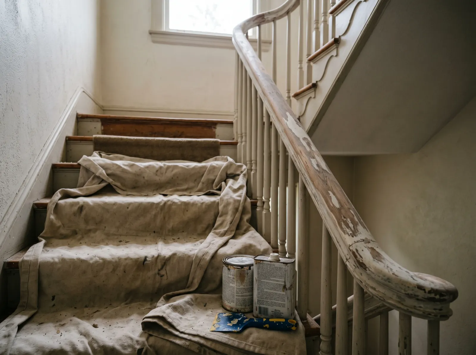 Wood staircase handrail with old finish stripped back to bare wood, drop cloth on treads, stripper and scraper nearby