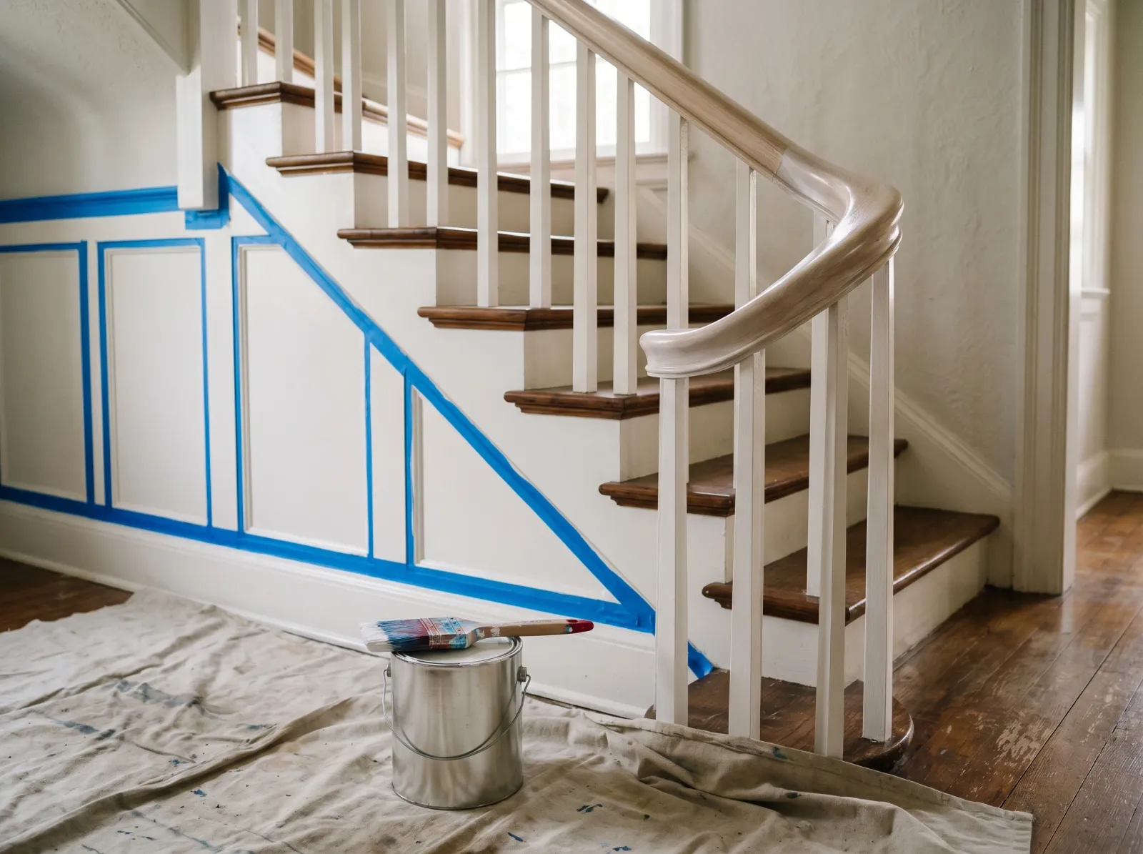 Wood staircase handrail with a single coat of white shellac primer, taped wainscot below