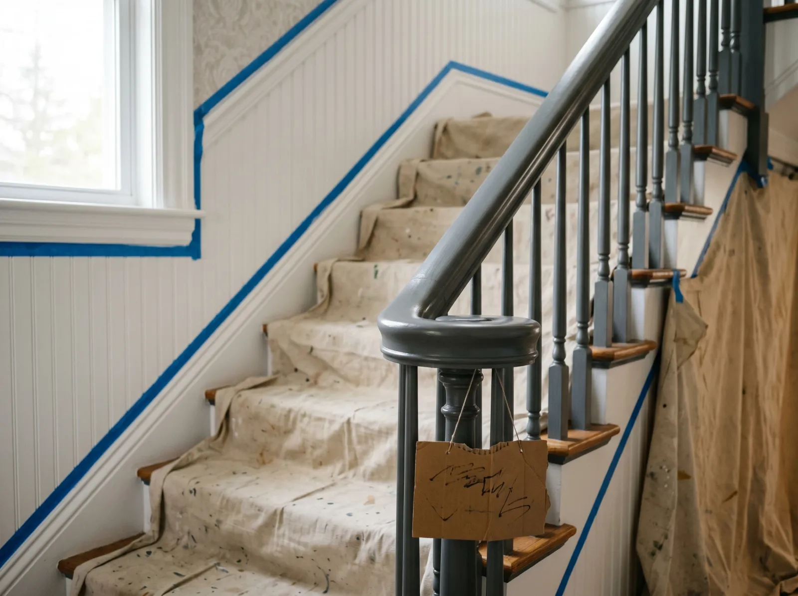 Staircase handrail with smooth even second coat of satin urethane enamel, drop cloths still in place