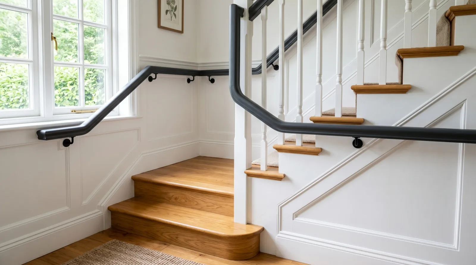 Finished sunlit staircase with cured satin handrail running along a white wainscoted wall