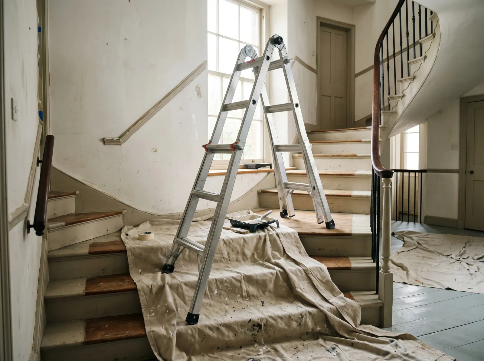 Stairwell prepped with drop cloth on the steps and an adjustable ladder set level across the stairs