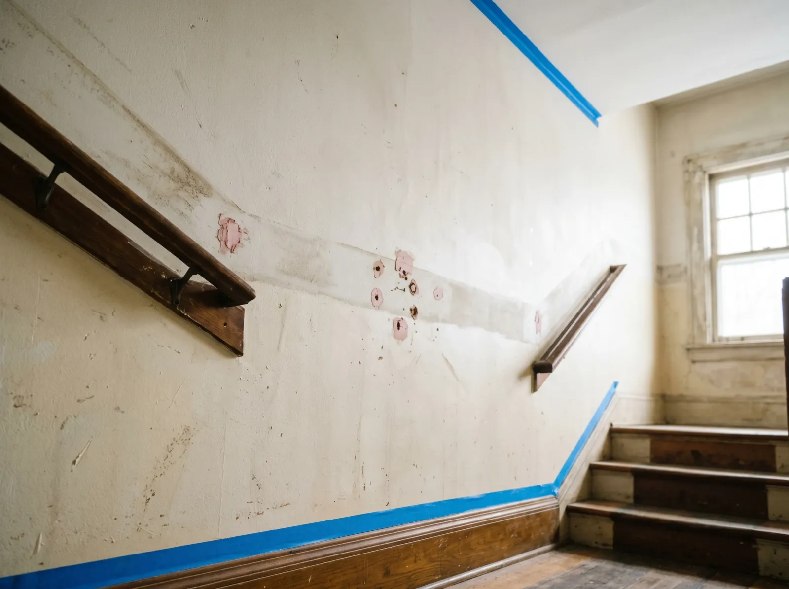 Stairwell wall with the handrail line cleaned, holes patched, and tape along the trim