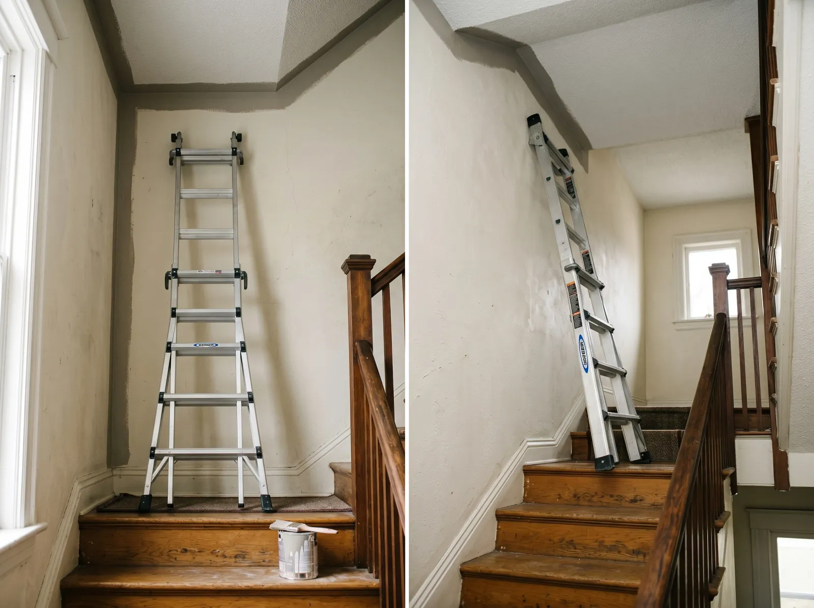 Tall stairwell wall with the top corners and ceiling line cut in, rest of wall still original color