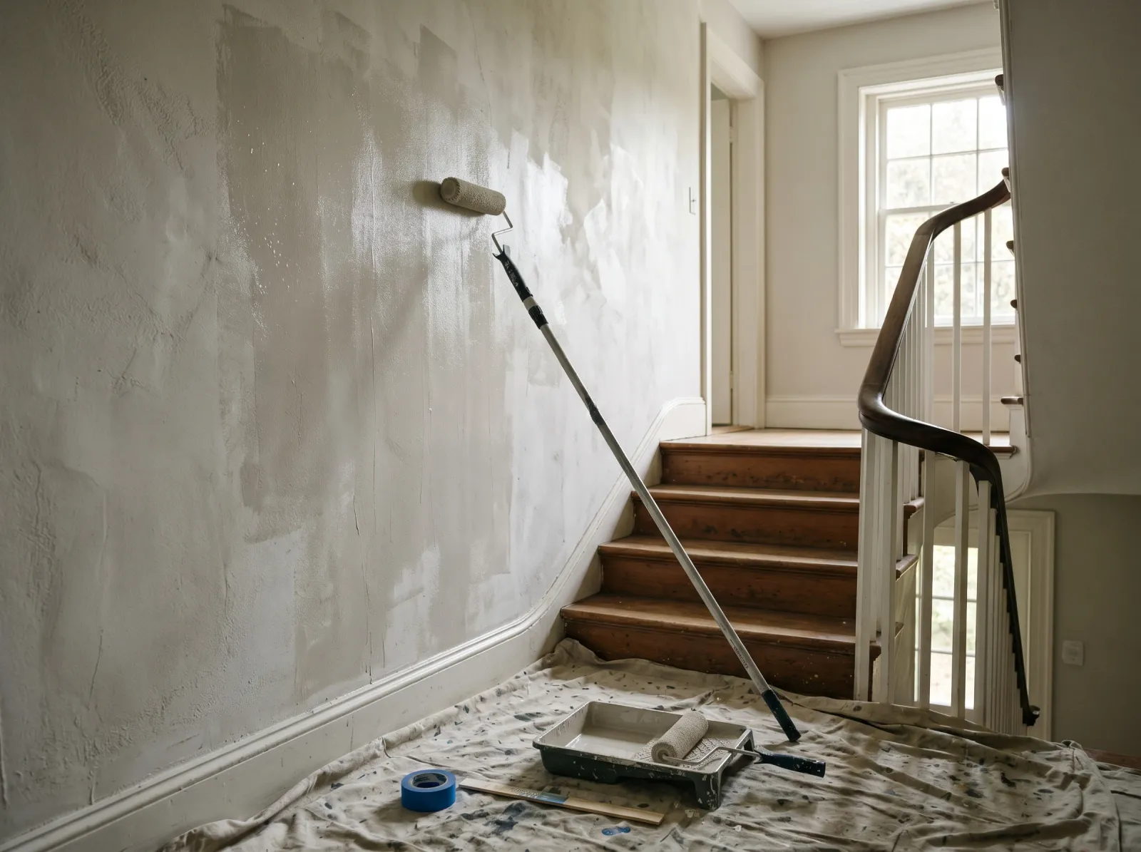 Stairwell wall with a patchy first coat of greige, extension-pole roller and tray at the base
