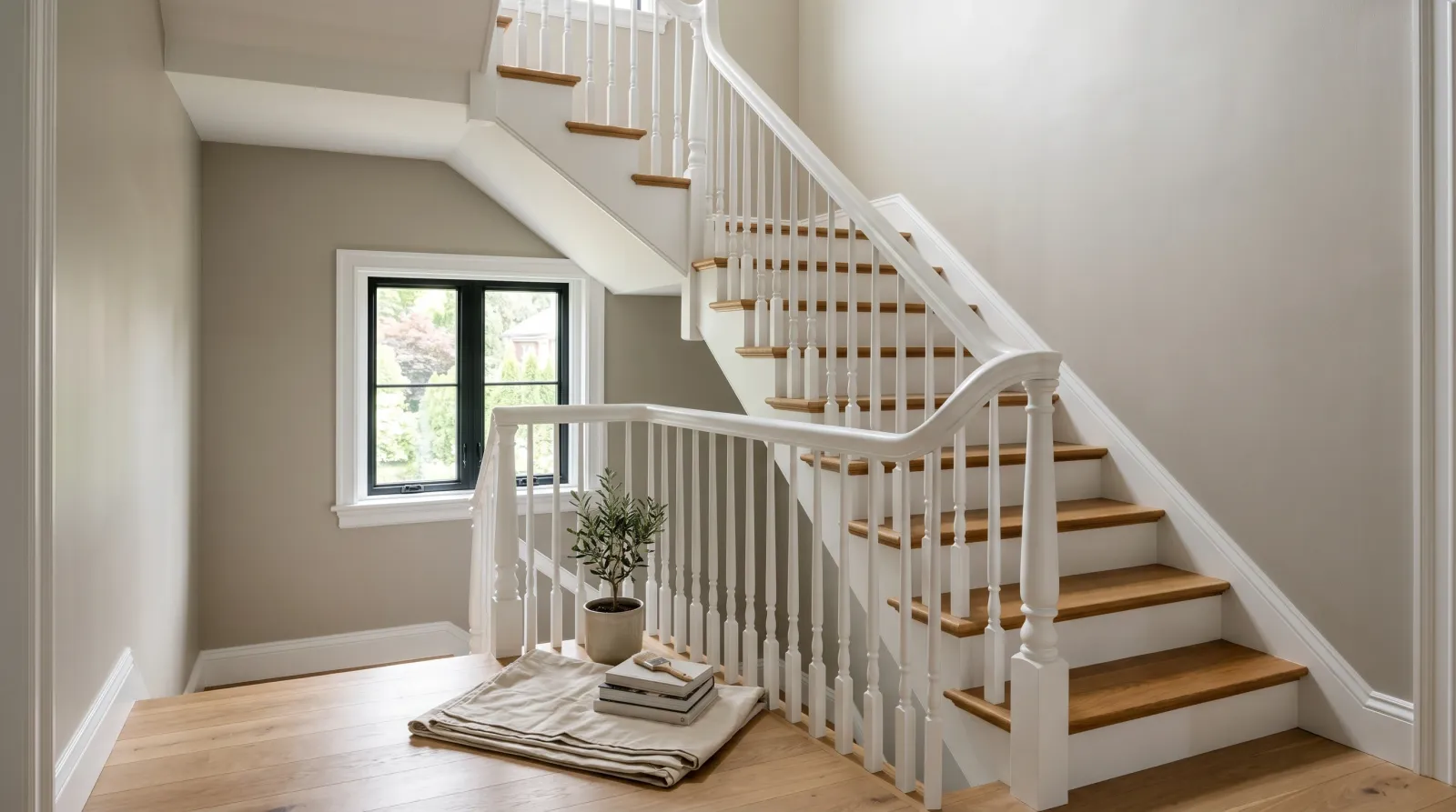 Finished stairwell with smooth even greige walls, white trim, and drop cloth folded at the base