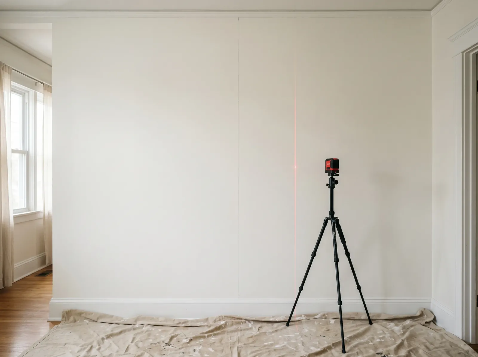Warm-white wall with a faint vertical pencil line and a small level set up to mark the first stencil position