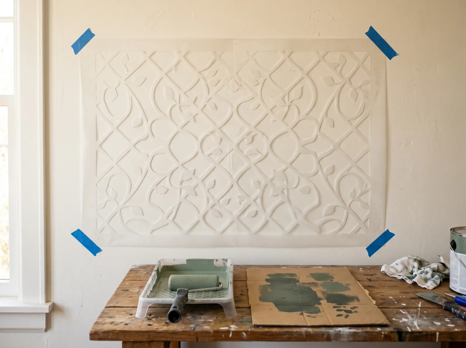 Mylar stencil taped flat to the wall with a lightly loaded foam roller and a paint-blotting cardboard nearby