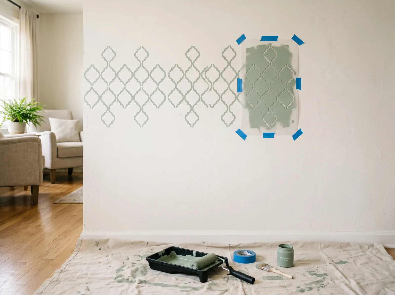 Wall partway through stenciling with several green trellis repeats done and the stencil registered against the last motif
