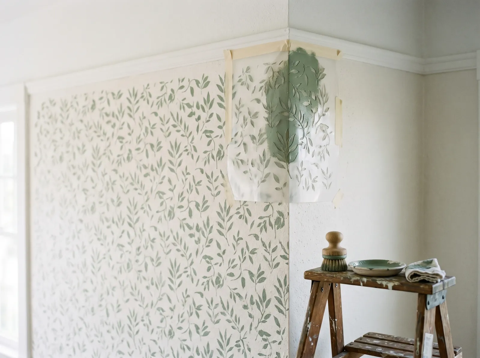 Stencil bent into a wall corner with a stiff stencil brush filling the edge motifs the roller missed