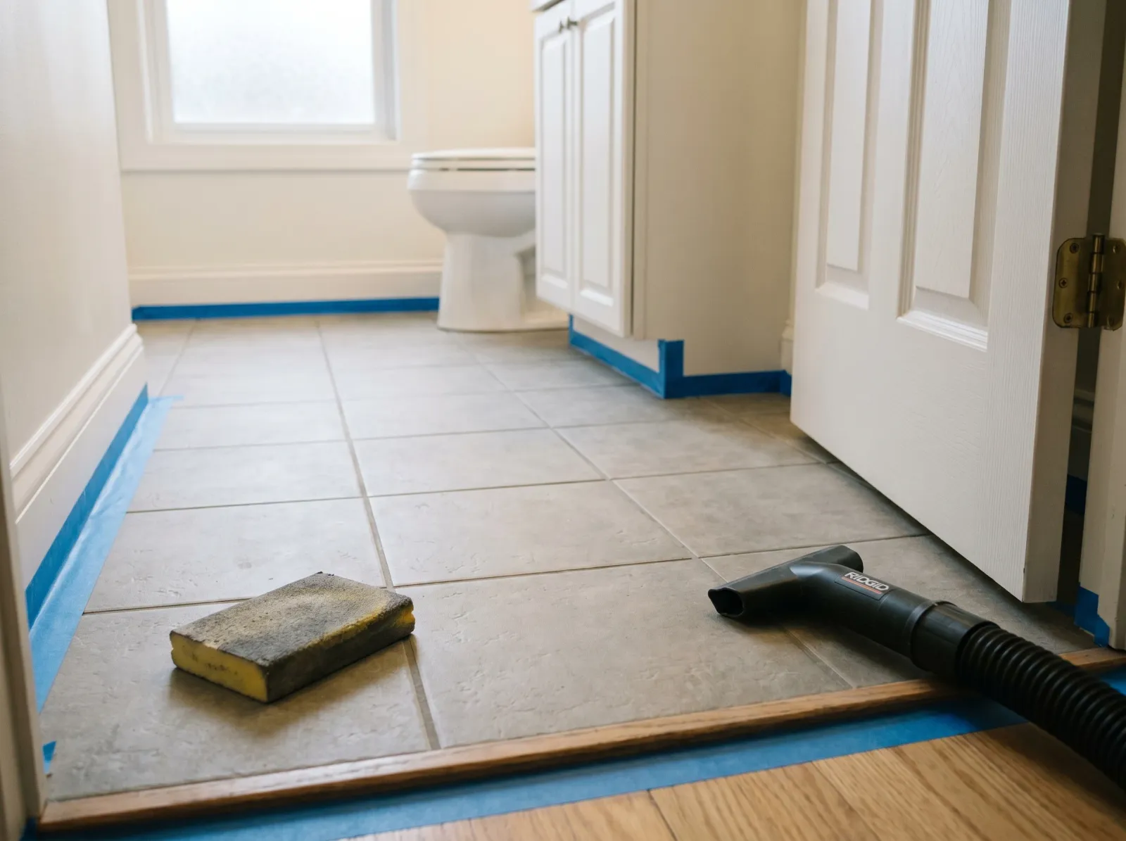 Bathroom tile floor cleaned and sanded dull with tape along the baseboards