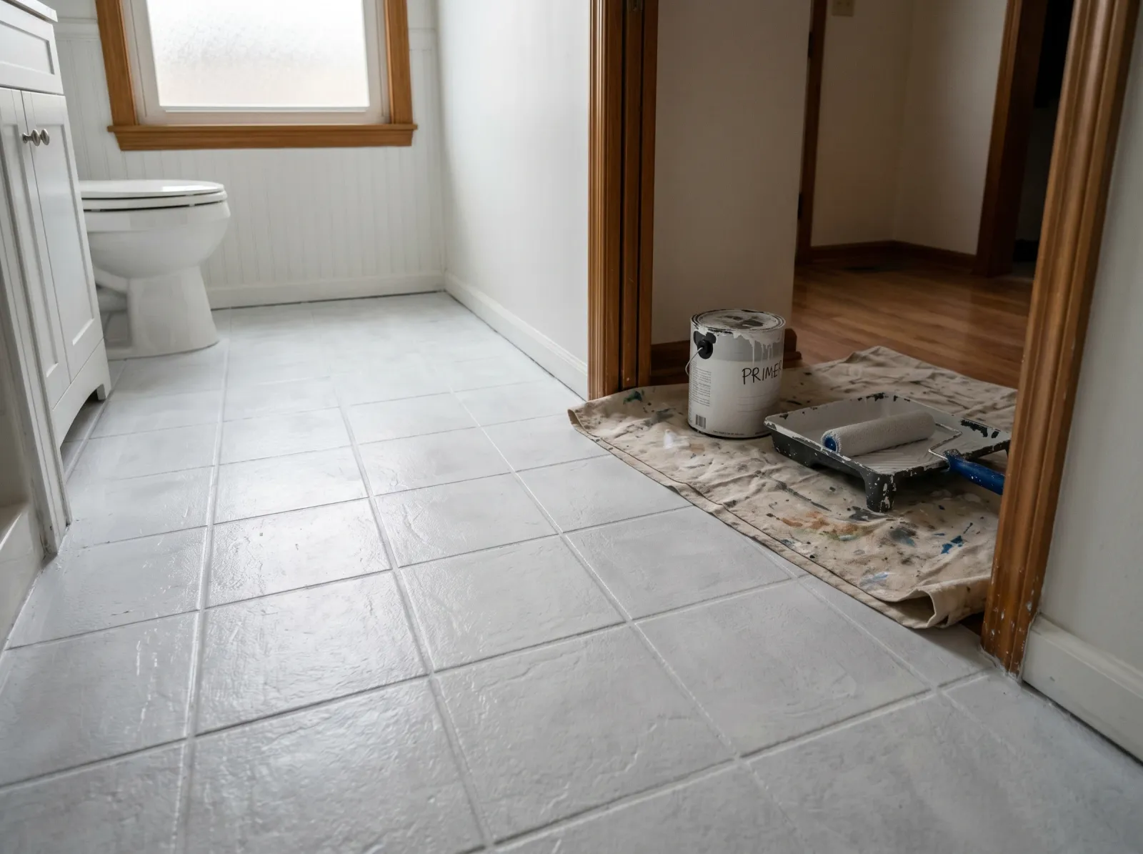 Tile floor coated in a thin white-grey bonding primer with the grout grid still visible