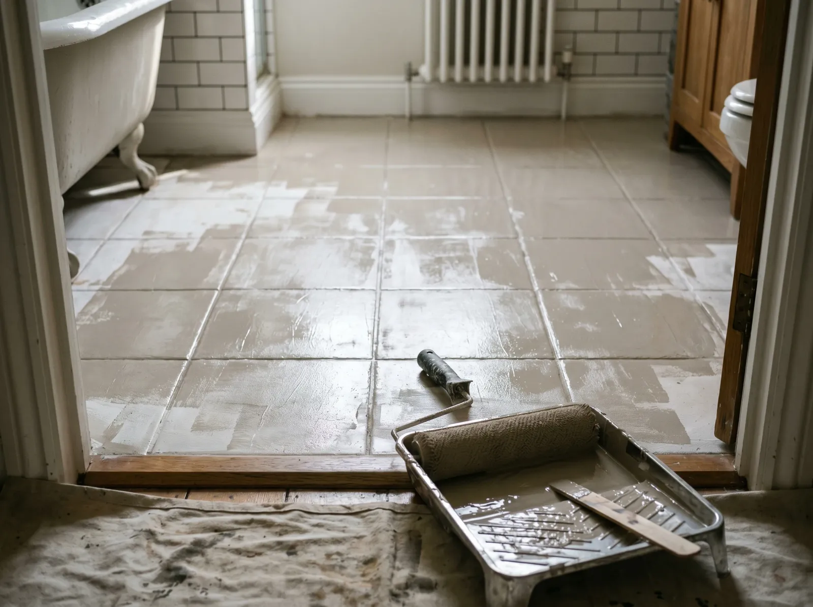 Tile floor with a thin first coat of greige floor enamel showing some patchiness