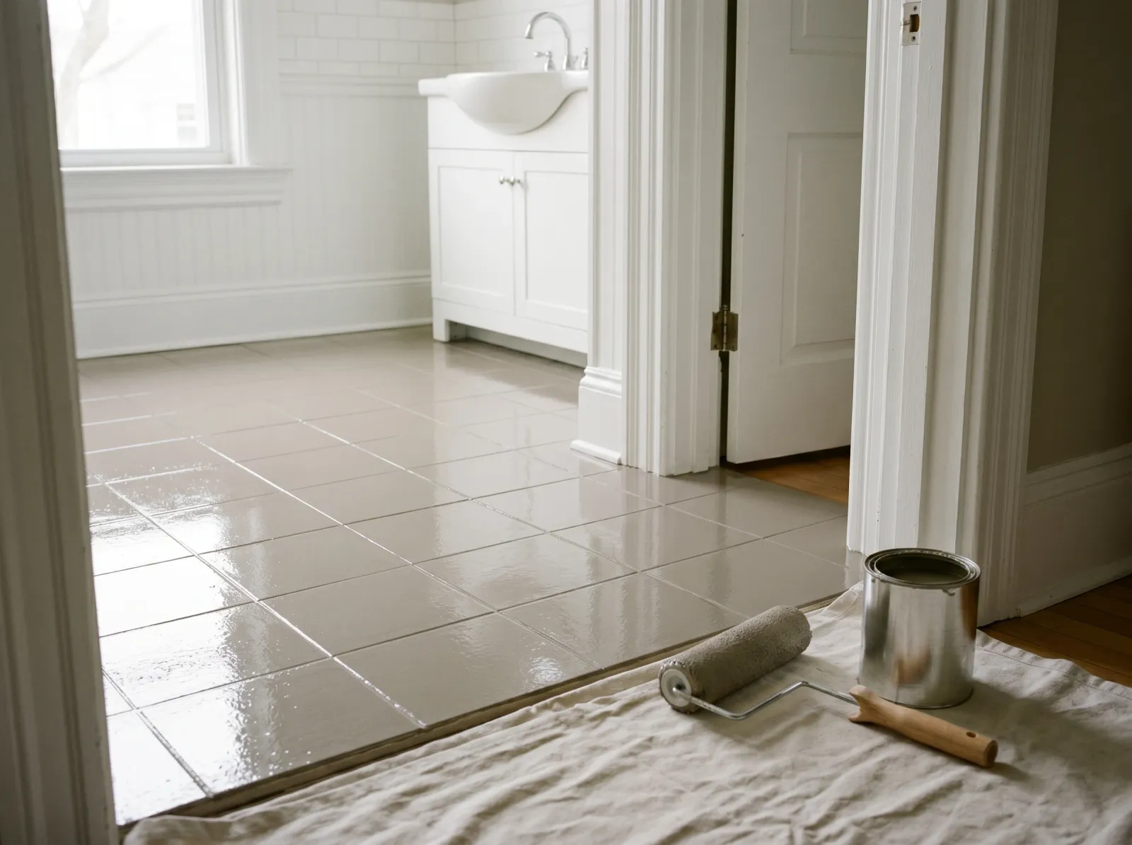 Evenly painted greige tile floor with a fresh clear satin topcoat catching the light