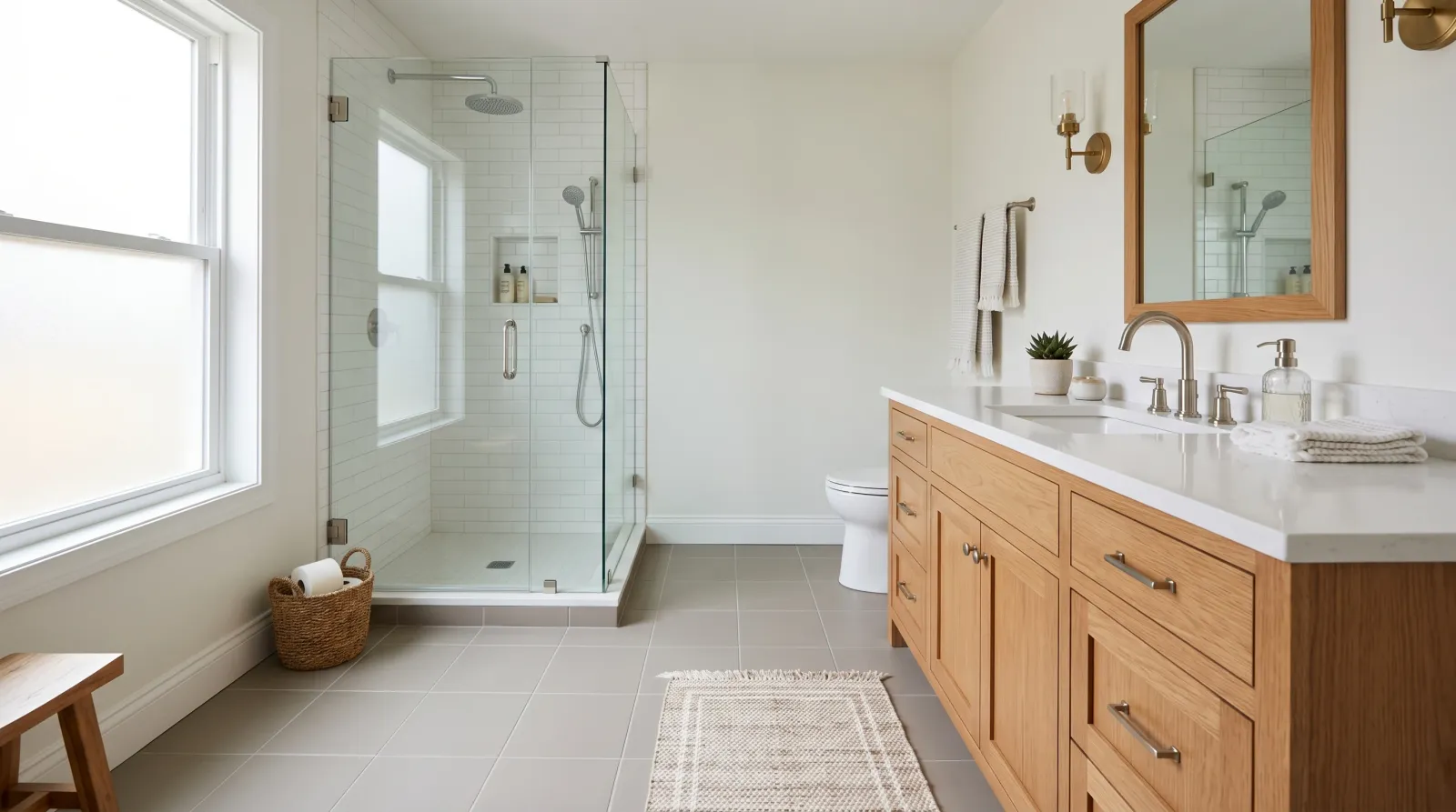 Finished bathroom with painted greige floor, vanity, and a bath mat back in place