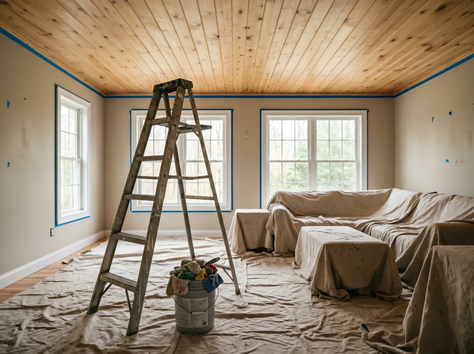 Natural wood plank ceiling cleaned and prepped, room floor covered in drop cloths