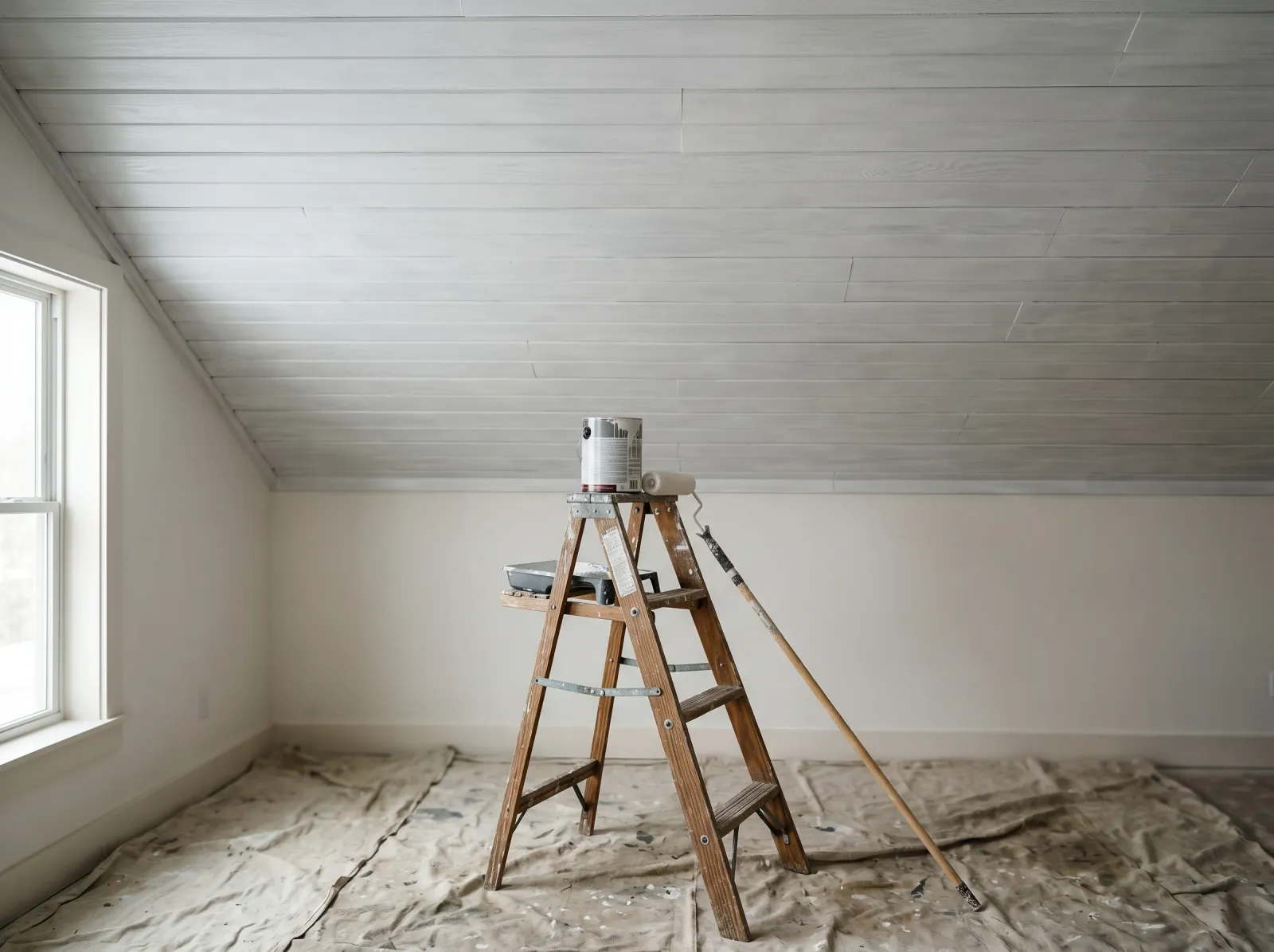 Plank ceiling coated in white-grey stain-blocking primer with grooves still visible