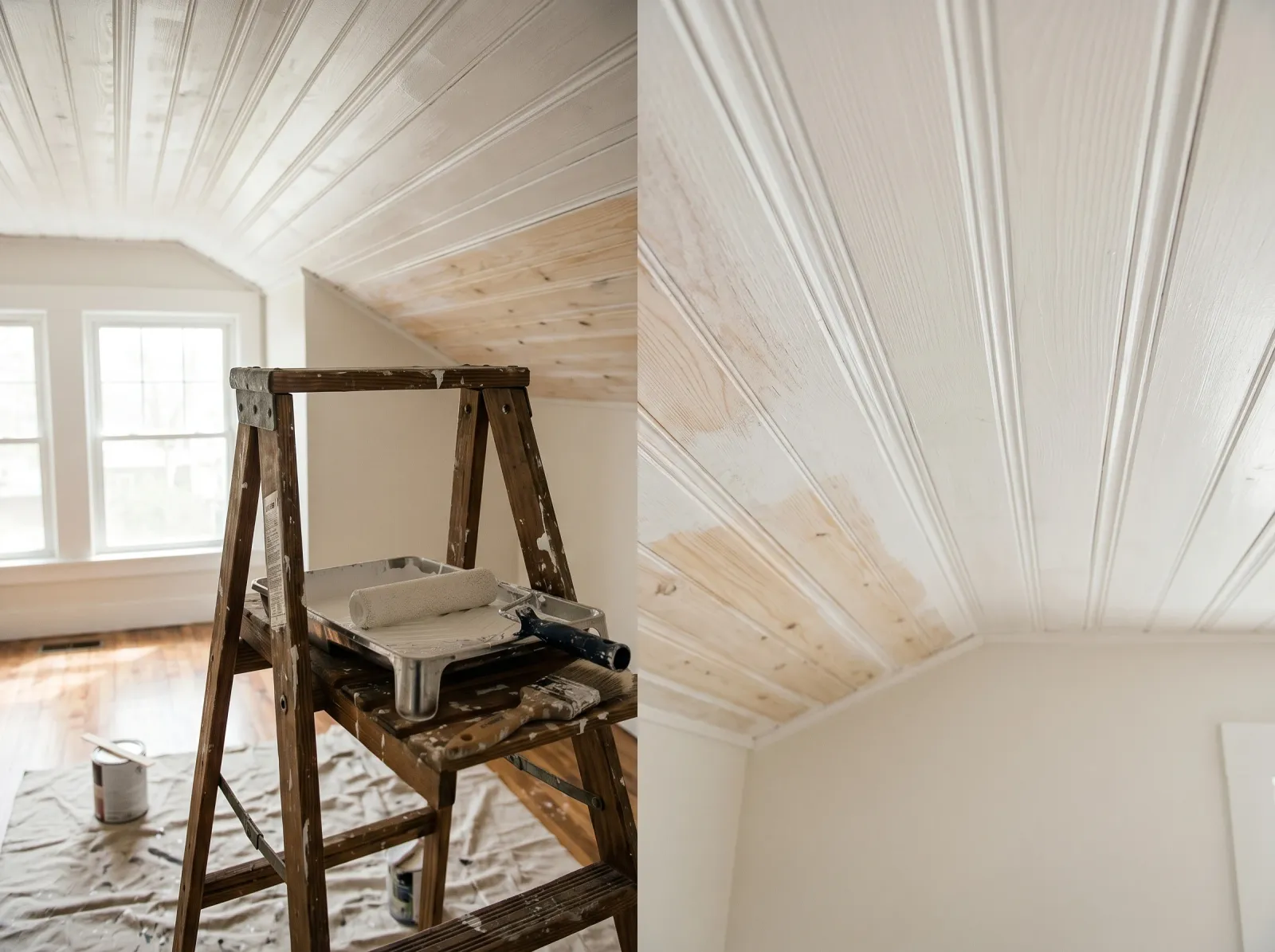 Plank ceiling with first white finish coat, grooves brushed and board faces rolled