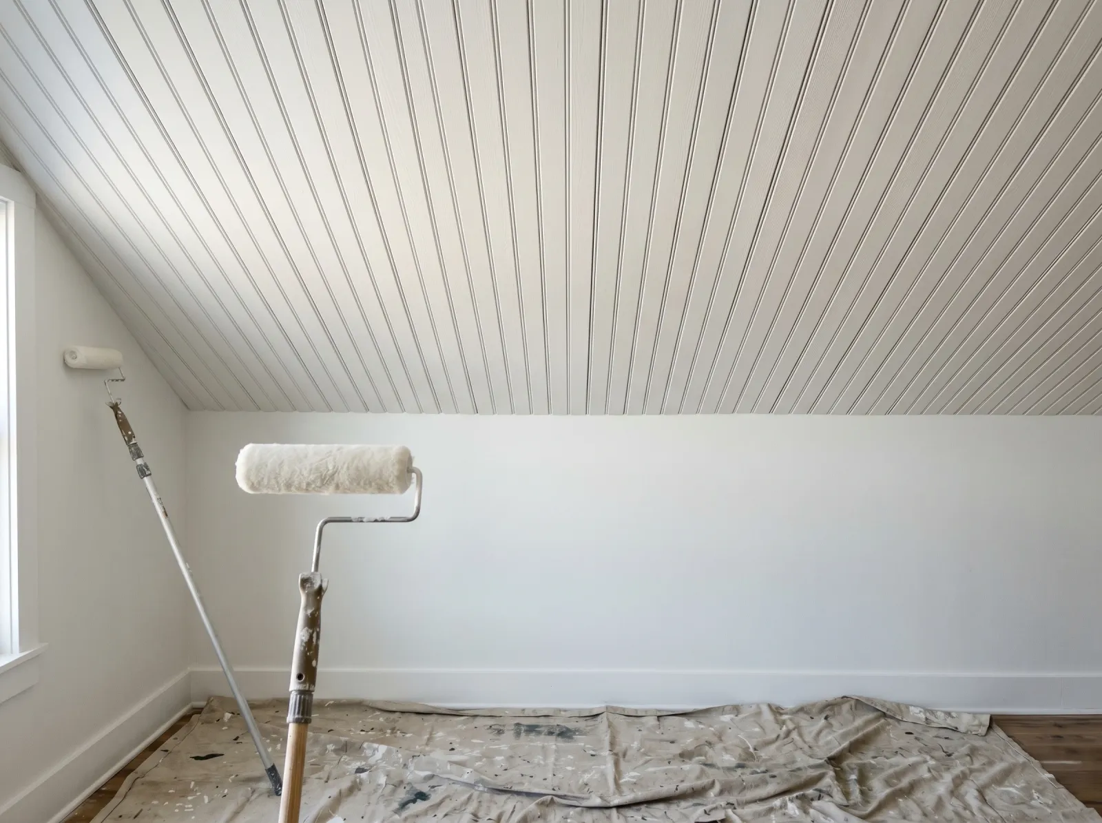 Plank ceiling with two even coats of flat white paint, uniform across all boards