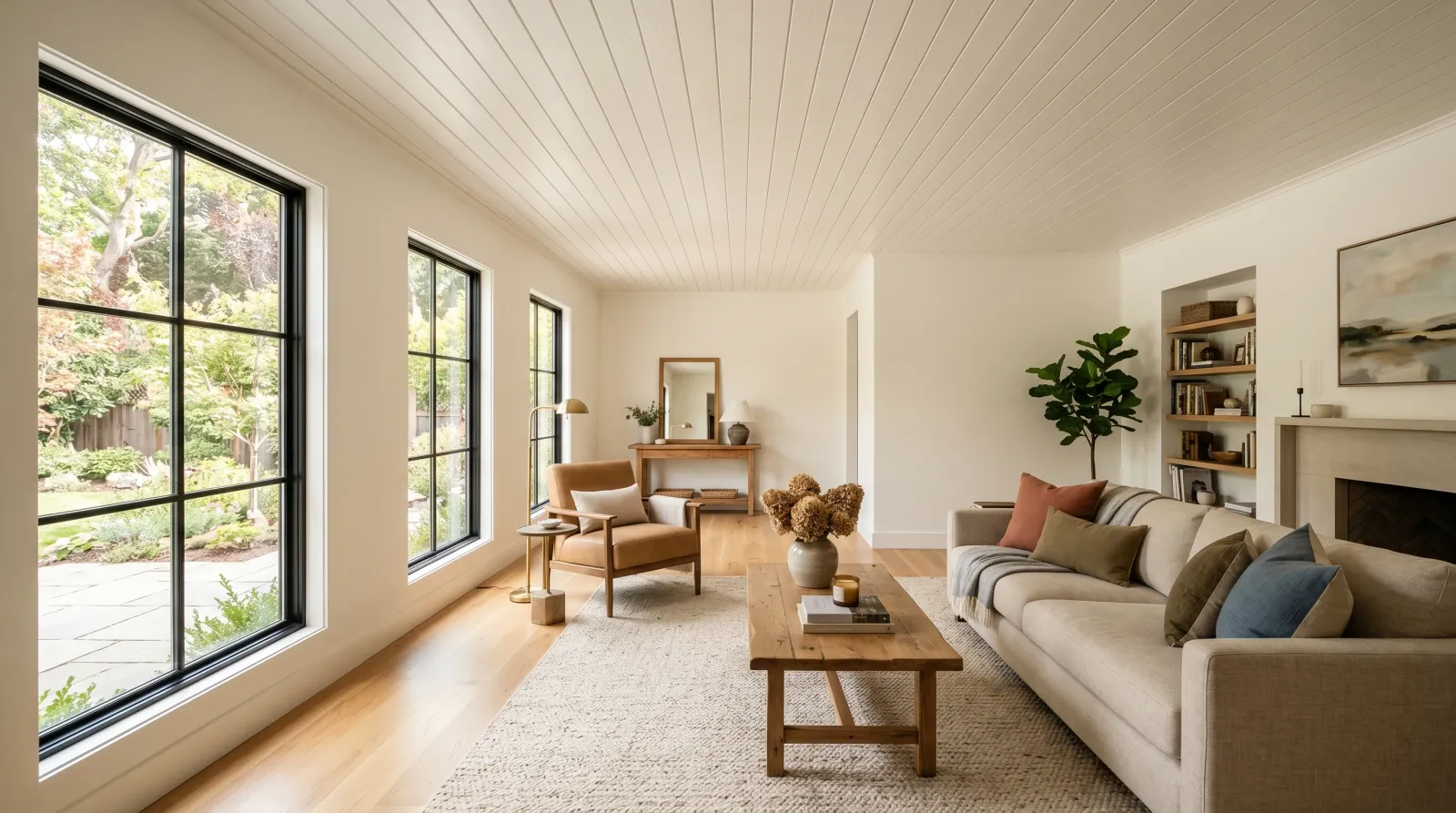 Finished room with white-painted plank ceiling and furniture back in place