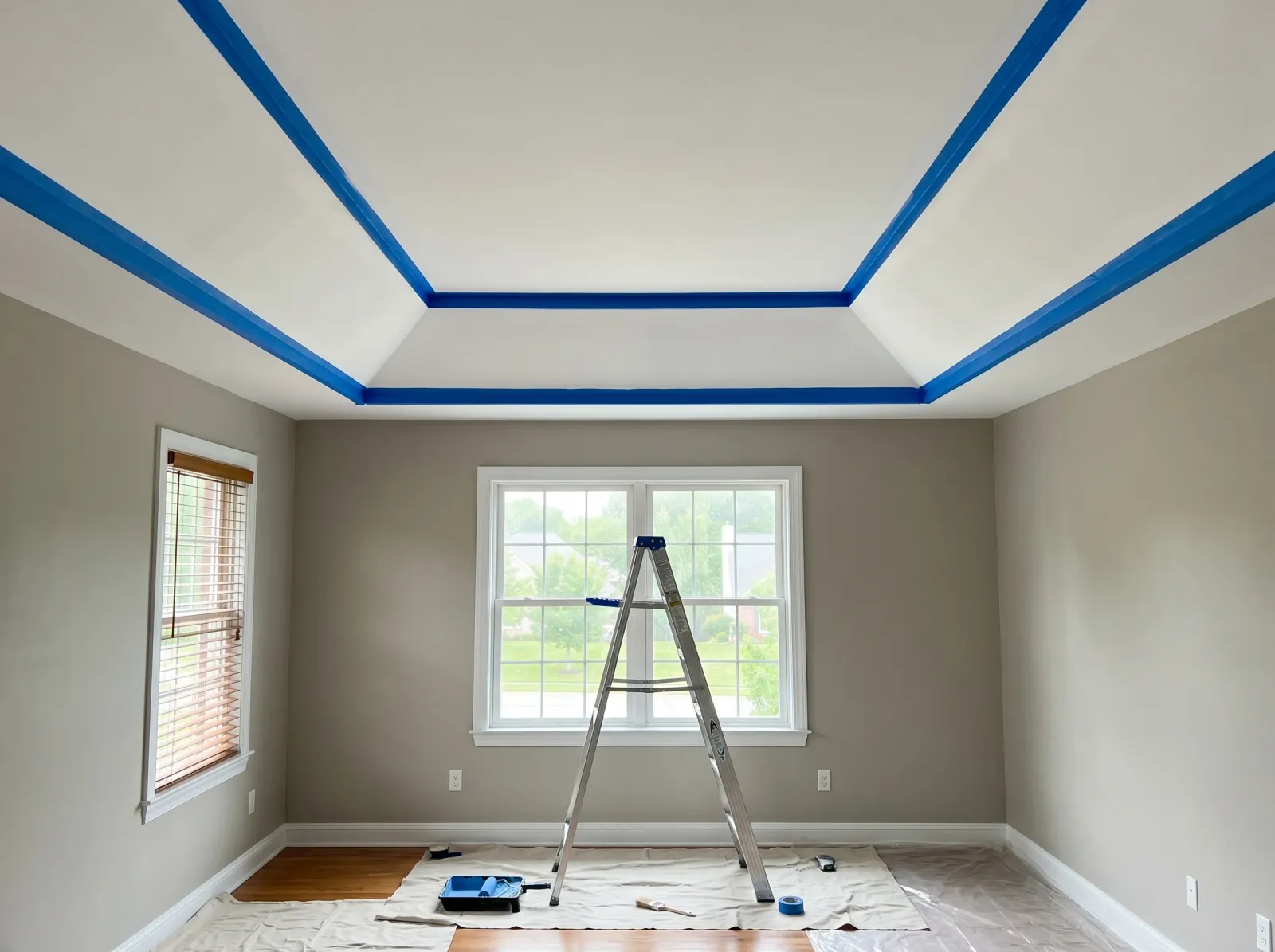 Tray ceiling with painter's tape running the full inside corner before painting