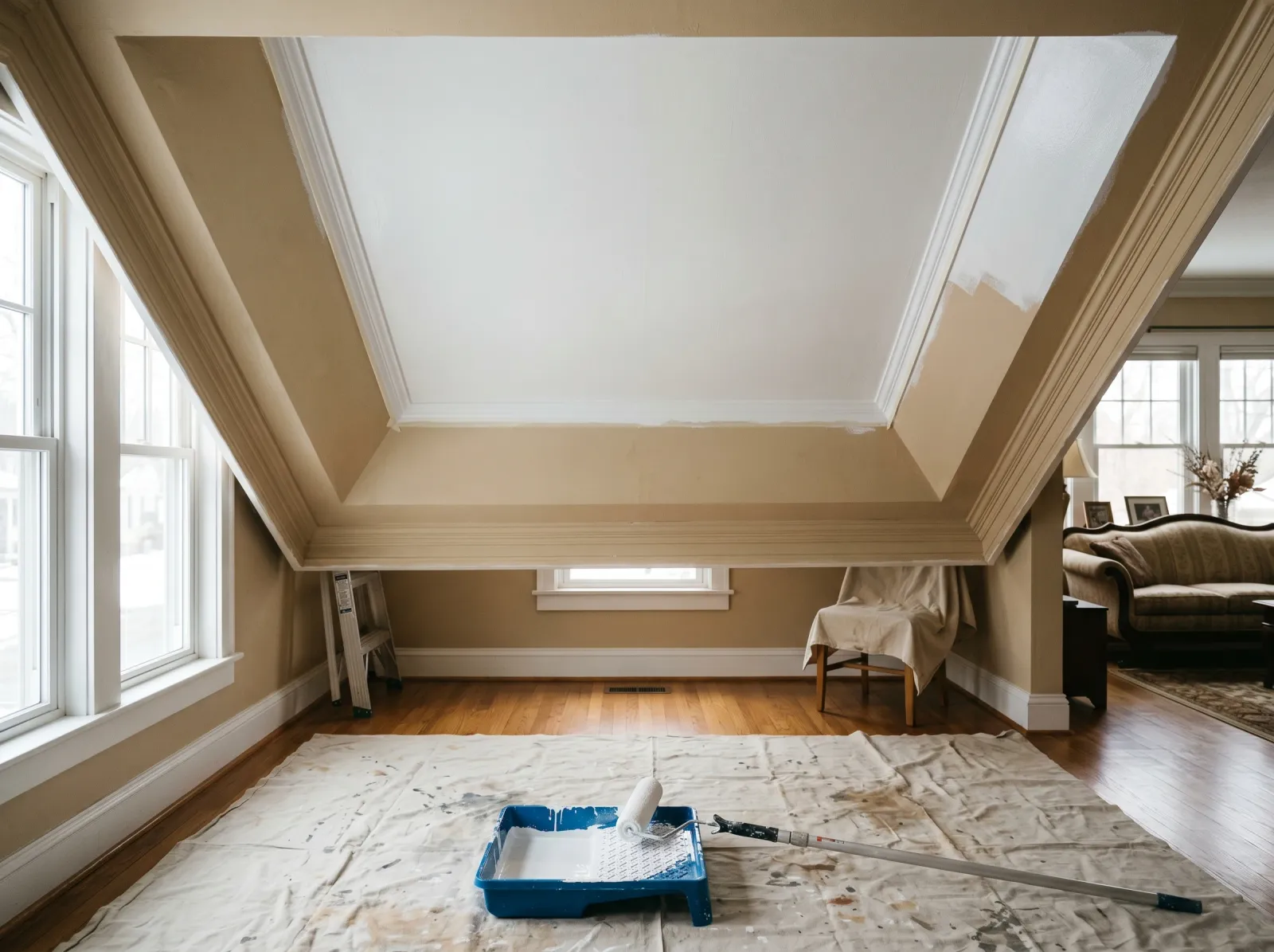 Tray ceiling with the recessed center freshly rolled white and the sides still original color