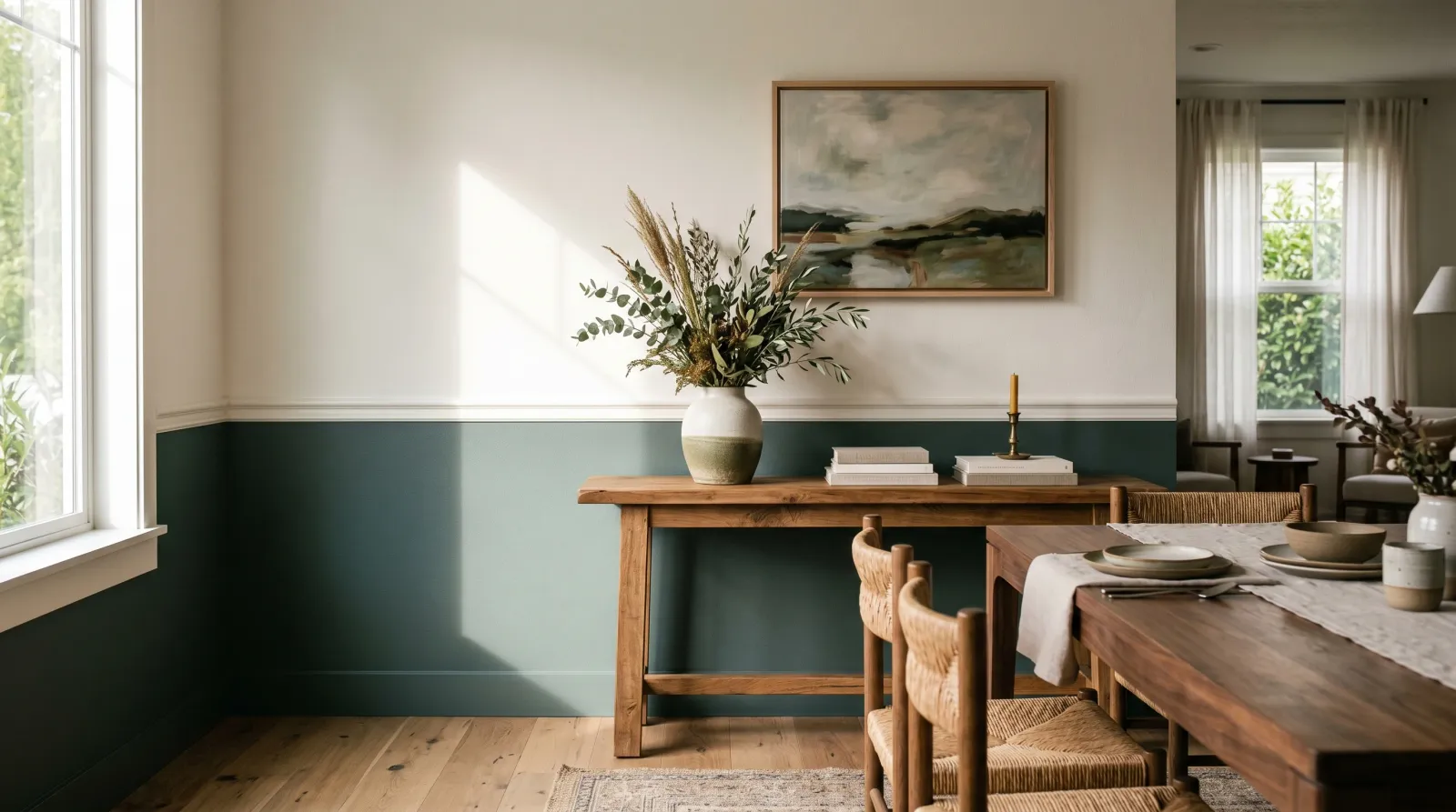 Dining room with a deep green-blue lower wall and warm white upper wall split by a crisp horizontal line