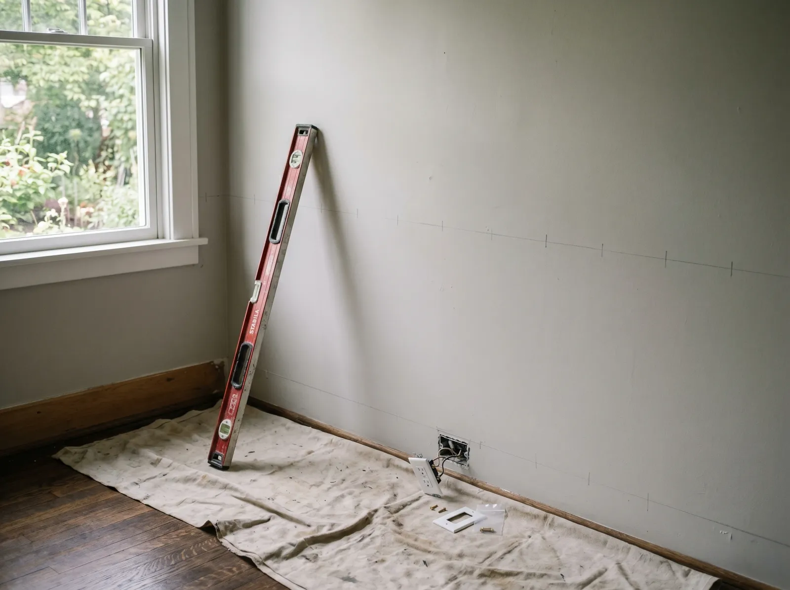 Dining room wall with a leveled pencil line marked at chair-rail height and drop cloth down