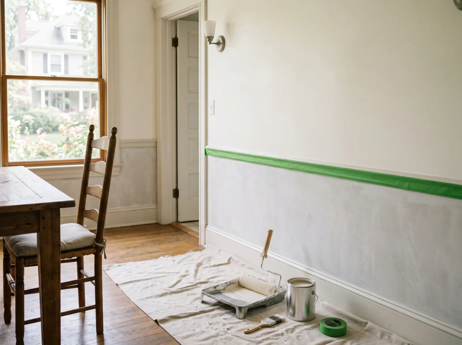 Dining room wall with white upper section painted and a strip of tape pressed along the dividing line