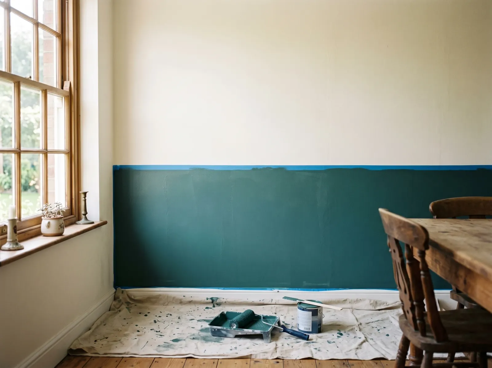 Dining room wall with deep green-blue lower section rolled up to the taped dividing line