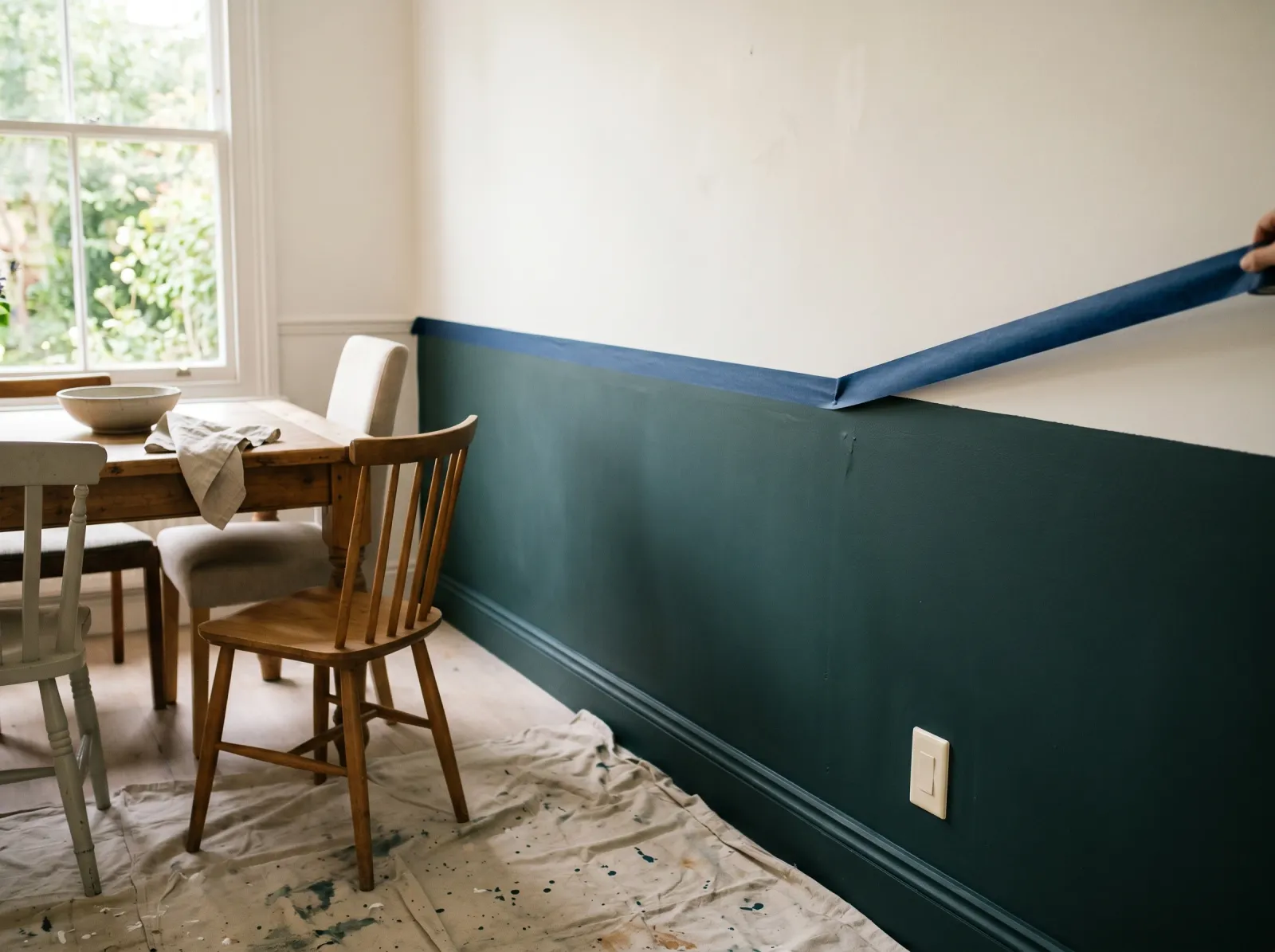 Tape being peeled to reveal a crisp line between the deep lower wall and white upper wall