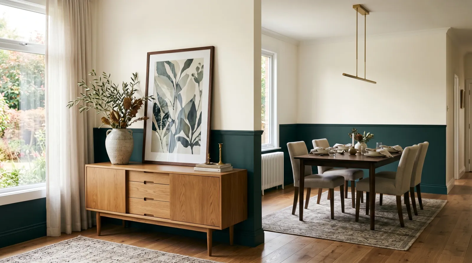 Finished dining room with two-tone walls and furniture back in place