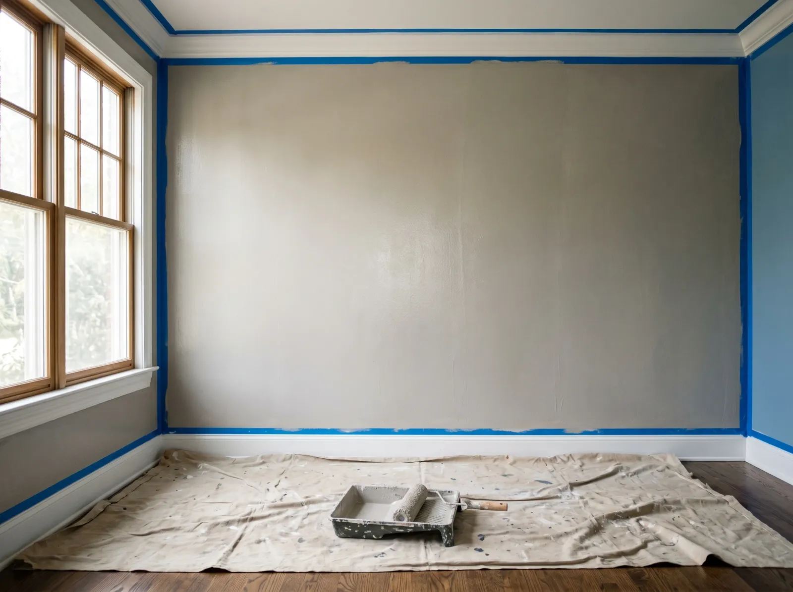 Interior wall coated in tinted greige primer with tape at the edges and a roller tray on the drop cloth