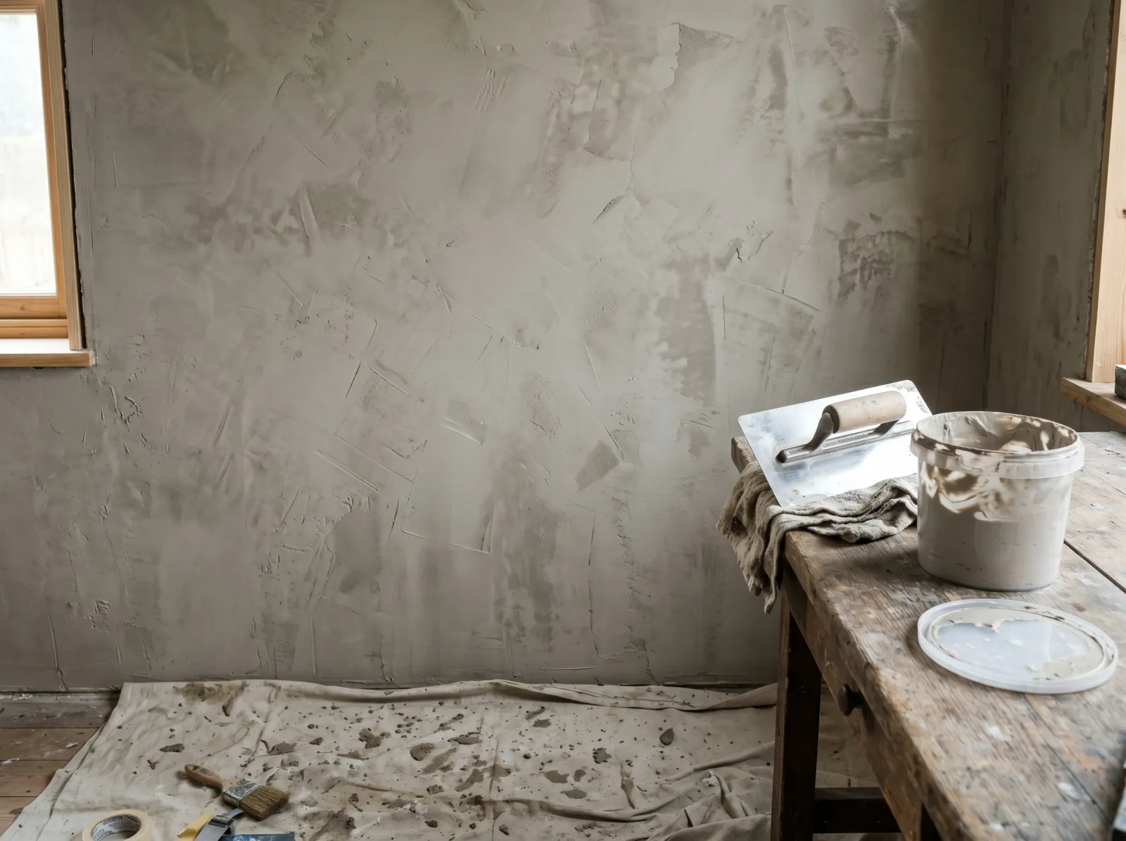 Wall with a thin first skim coat of greige Venetian plaster showing overlapping trowel marks