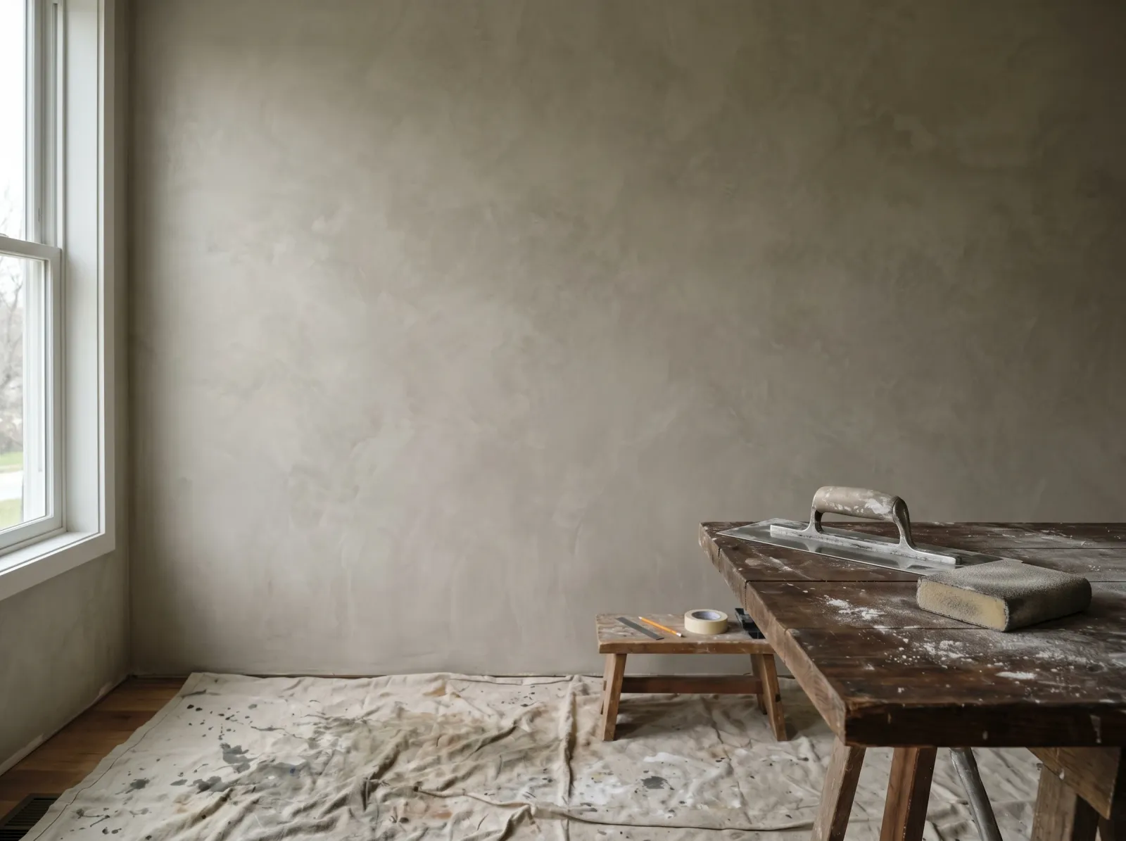 Wall with a denser second coat of Venetian plaster showing soft cloudy tonal depth